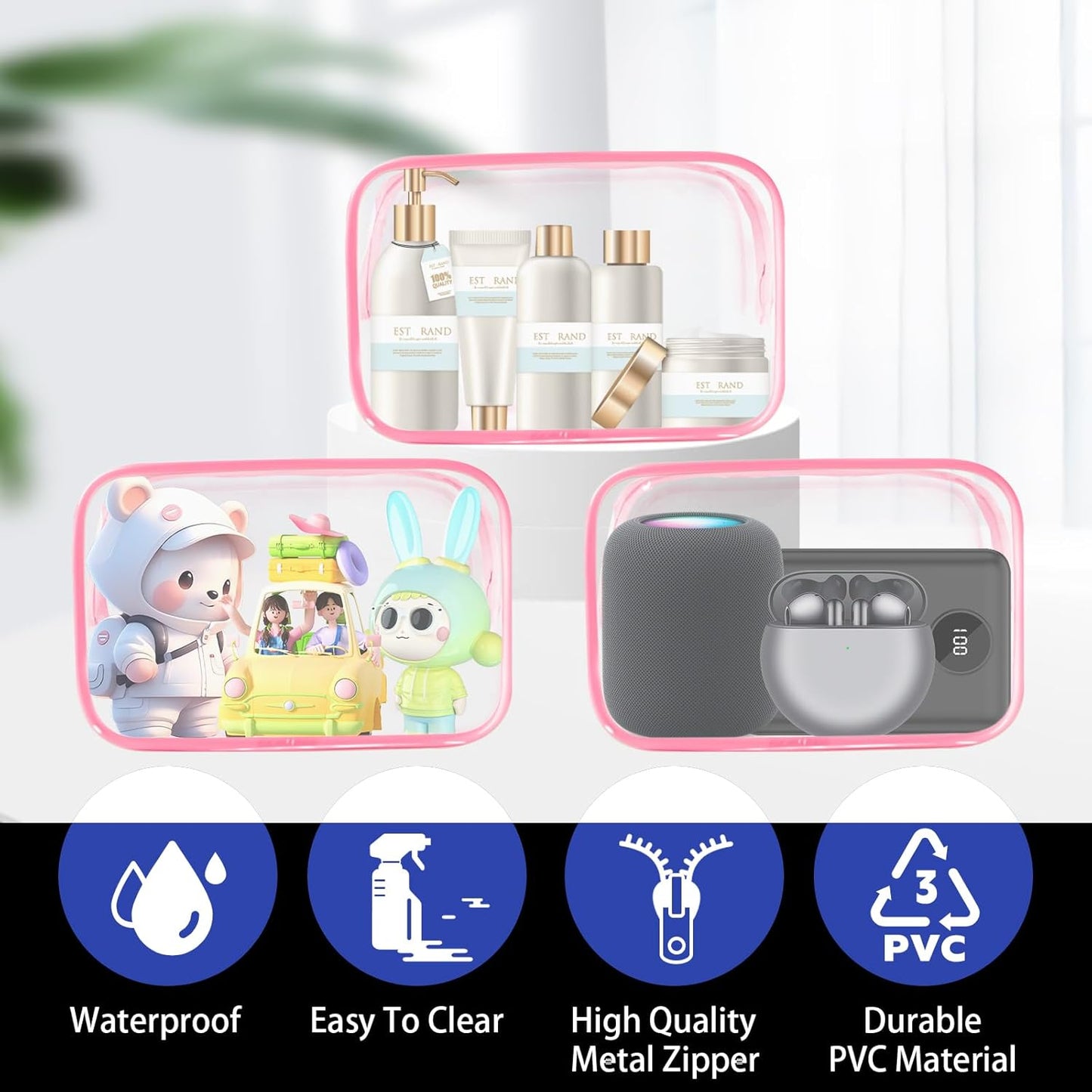 16-Piece Makeup Bags, Waterproof Toiletry Bag Carry Pouch Portable Cosmetic Bag PVCTravel Clear Pouches Carry-on Travel Essentials Transparent Storage Organizer Bag (Rose Pink-M)