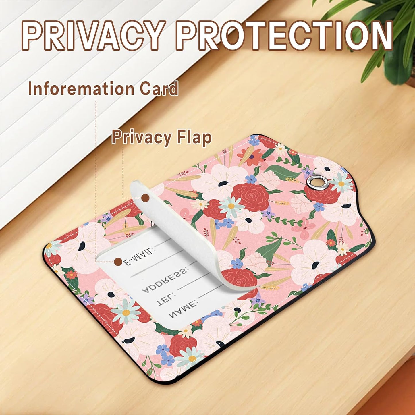 2 Pack Floral Luggage Tag for Suitcase, Pink Luggage Tags PU Leather Suitcase Tags Identifiers Stainless Steel Loop ID Bag Tags Card Baggage Bag Label