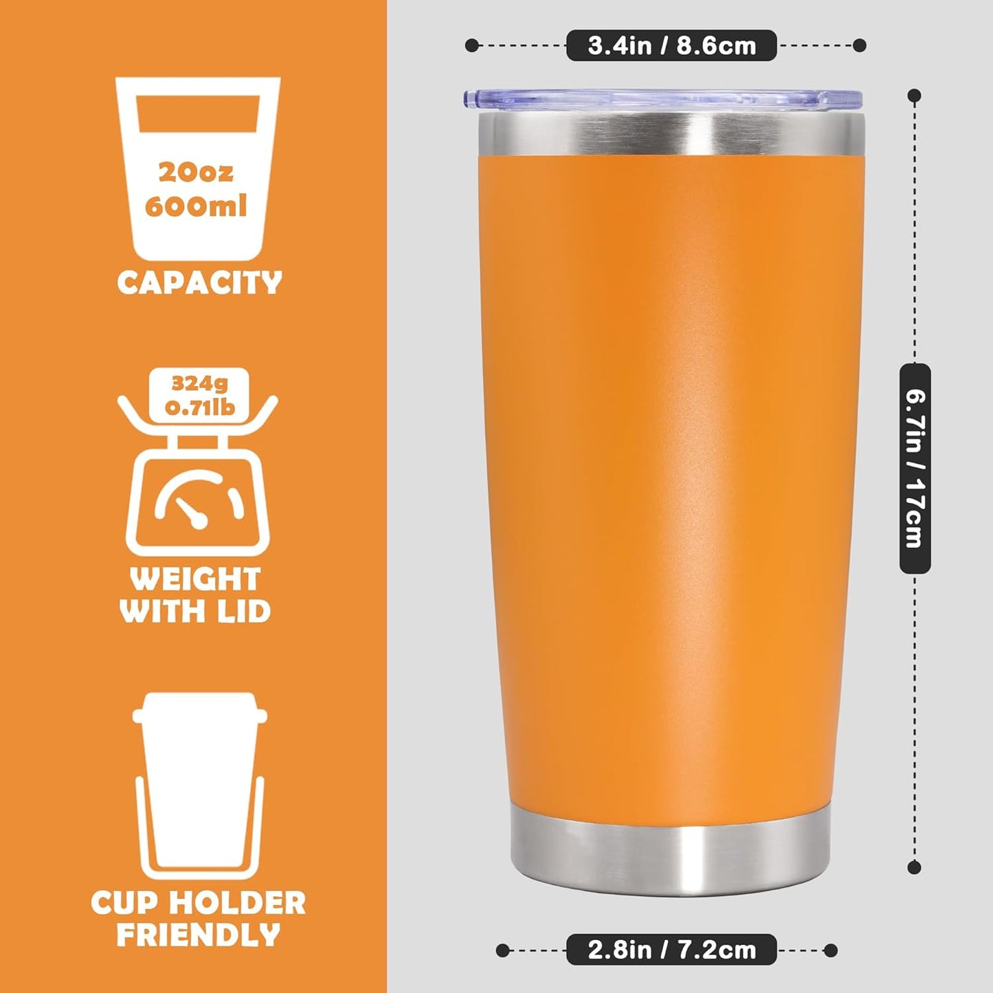 20oz Tumbler Stainless Steel Tumbler Cup with Lid Vacuum Insulated Double Wall Travel Mug, Durable Powder Coated Travel Coffee Tumbler Mug for Hot & Cold Drinks,Orange,4 Pack