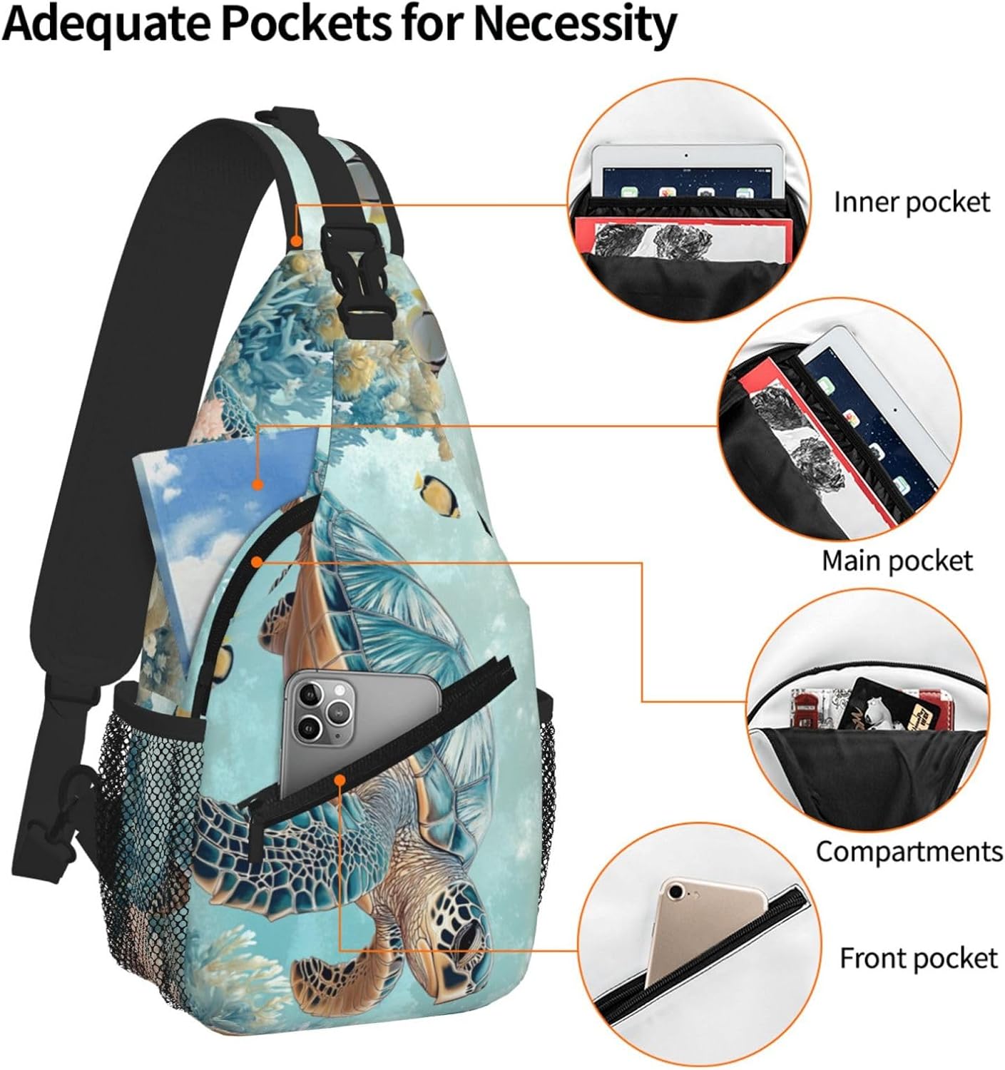 SUPLUCHOM Sling Bag Turtle Sea Coral Ocean Hiking Daypack Crossbody Shoulder Backpack Travel Chest Pack for Men Women