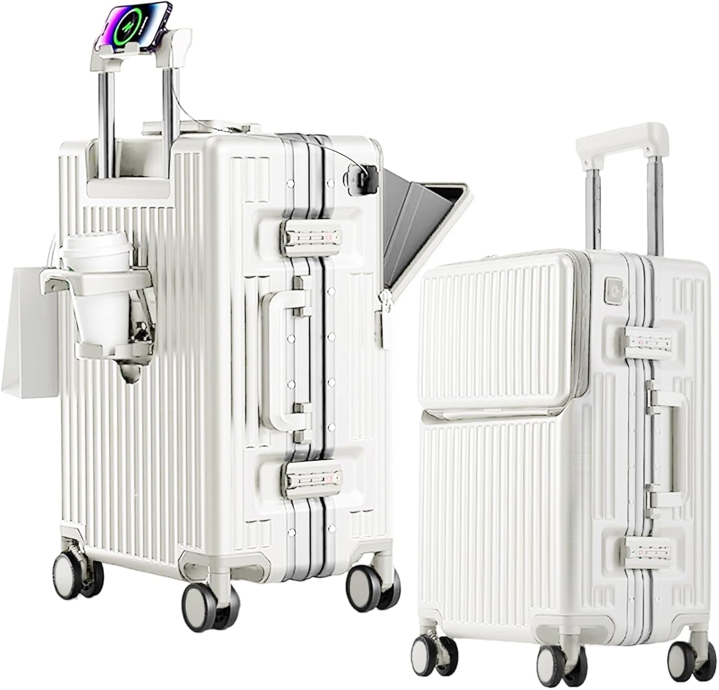2-Piece Hardshell Zipperless Luggage Set, 20/26" Aluminum Frame Hardshell Spinner Luggage, Airline Approved Carry-On Luggage, TSA Lock, 360° Quiet Wheels With Cup Holder (White)