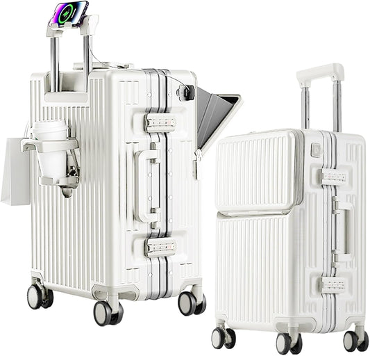 2-Piece Hardshell Zipperless Luggage Set, 20/26" Aluminum Frame Hardshell Spinner Luggage, Airline Approved Carry-On Luggage, TSA Lock, 360° Quiet Wheels With Cup Holder (White)