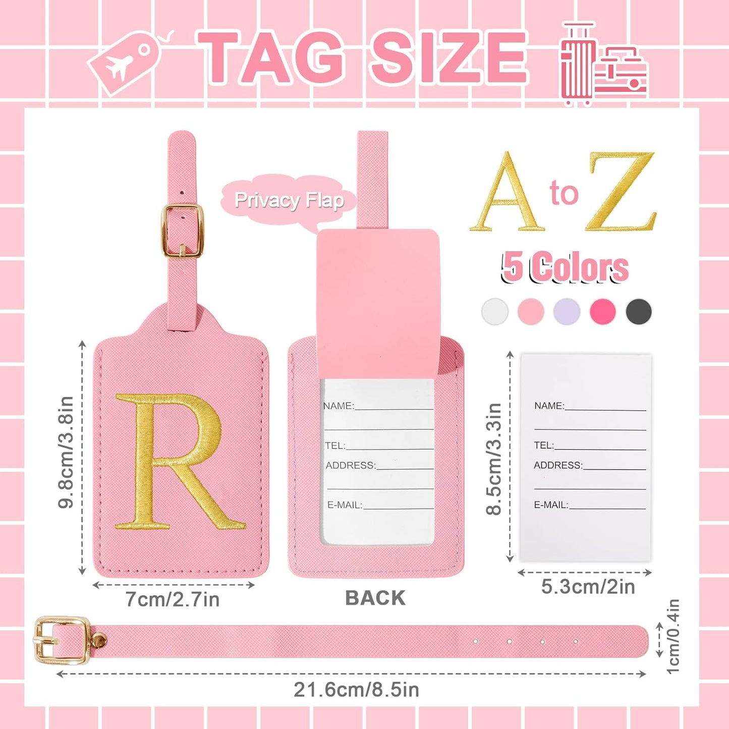 Personalized Initial Luggage Tags for Suitcase, Pink Leather Cute Luggage Tags with Privacy Cover Name Card, Embroidered Custom Monogrammed Luggage Tag Travel Bag Baggage Tags Gifts for Women Kids(R)
