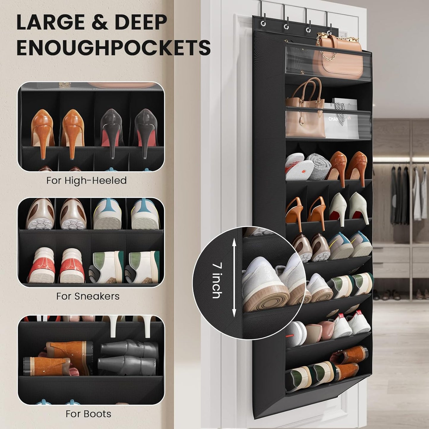 Over the Door Shoe Organizer for Closet, Shoes Rack with 8 Tier Large Deep Pockets, Hanging Shoe Organizers for Boot Storage, Behind the Door Narrow Shoe Holder for Small Shoes, Black