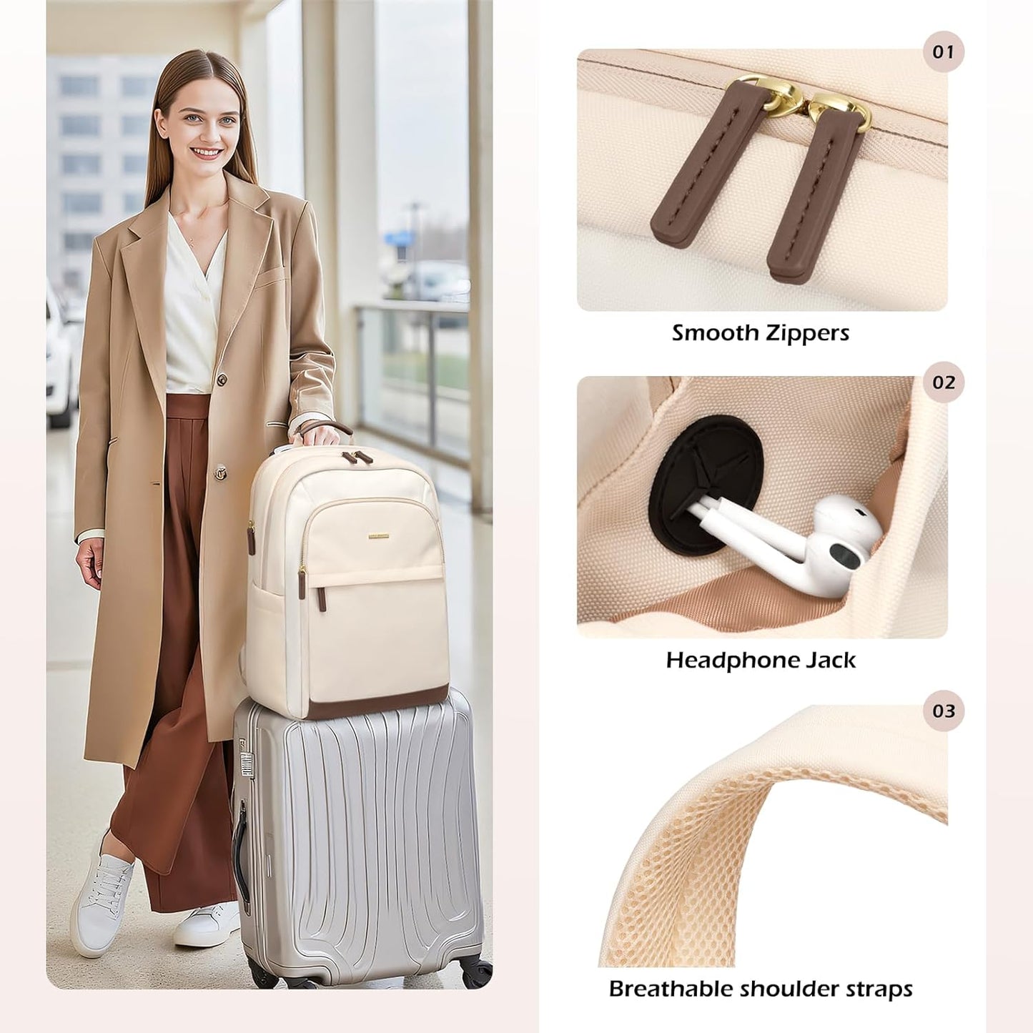 Laptop Backpack for Women Travel Carry On Bag Weekender Business Multilayer Personal Item Backpack,16 Inch,WApricot