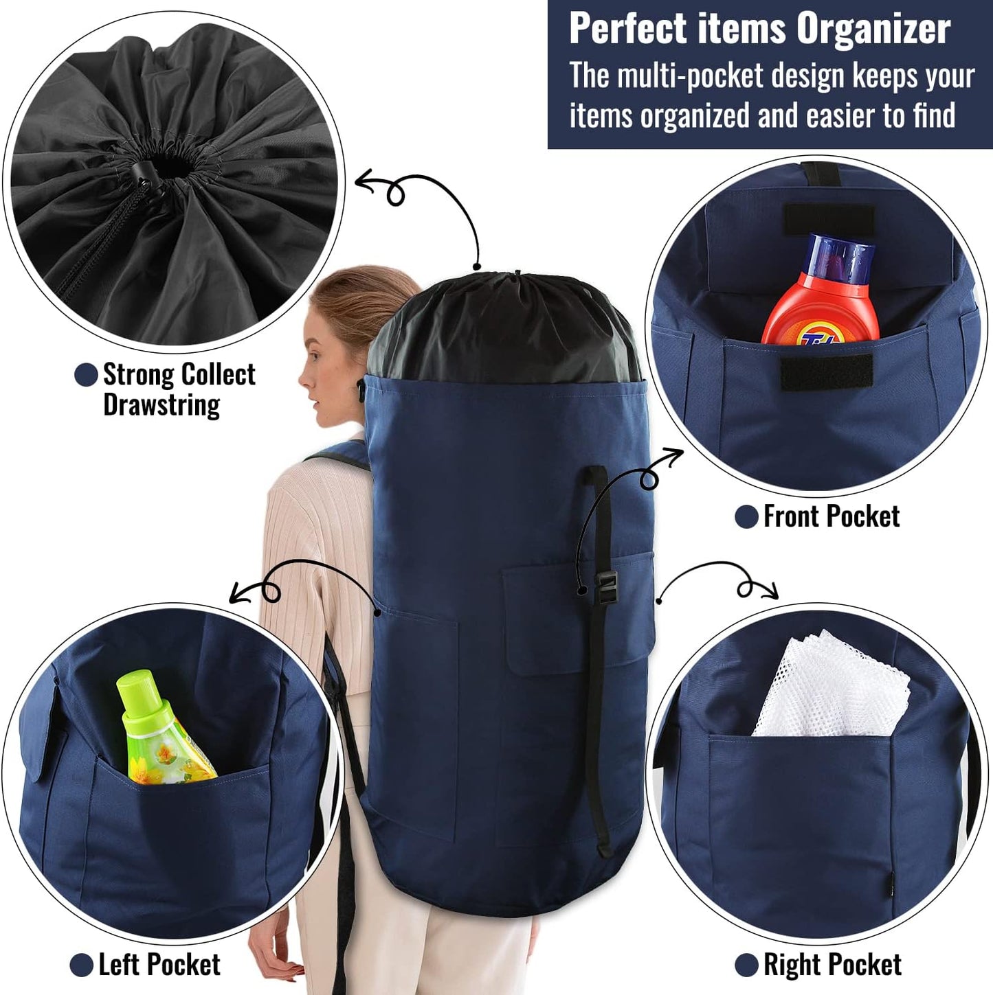Laundry Bag Backpack, 125L Extra Large Travel Laundry Bags with Shoulder Straps, Adjustable & Extendable Design, Laundry Hamper Bag with 3 Pockets for Laundromat, College, Travel, Camping