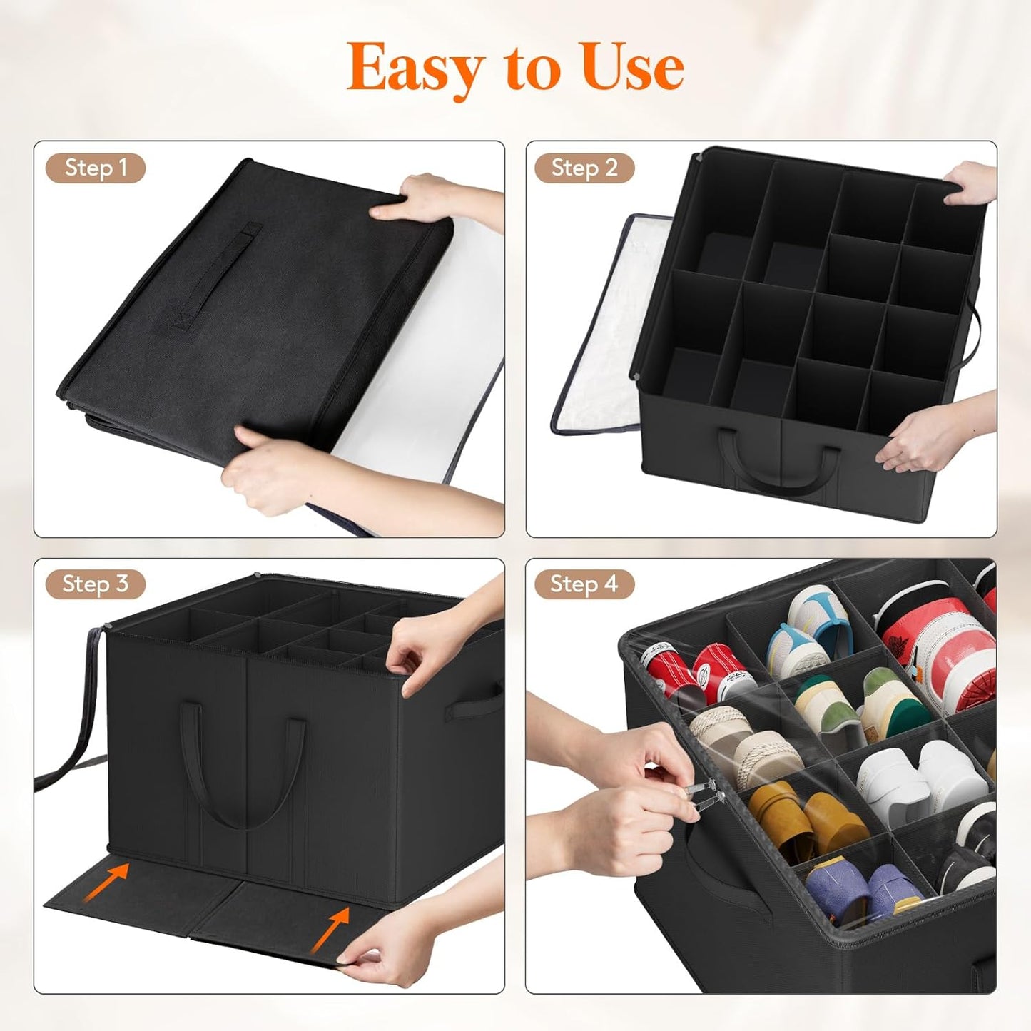 Lifewit Shoe Storage Organizer for Closet, Fits 12-16 Pairs, Large Shoe Box Storage Containers with Clear Cover and Reinforced Handles, Foldable Storage Bins Fit for Boots Heels Sneakers, 1 Pack Black