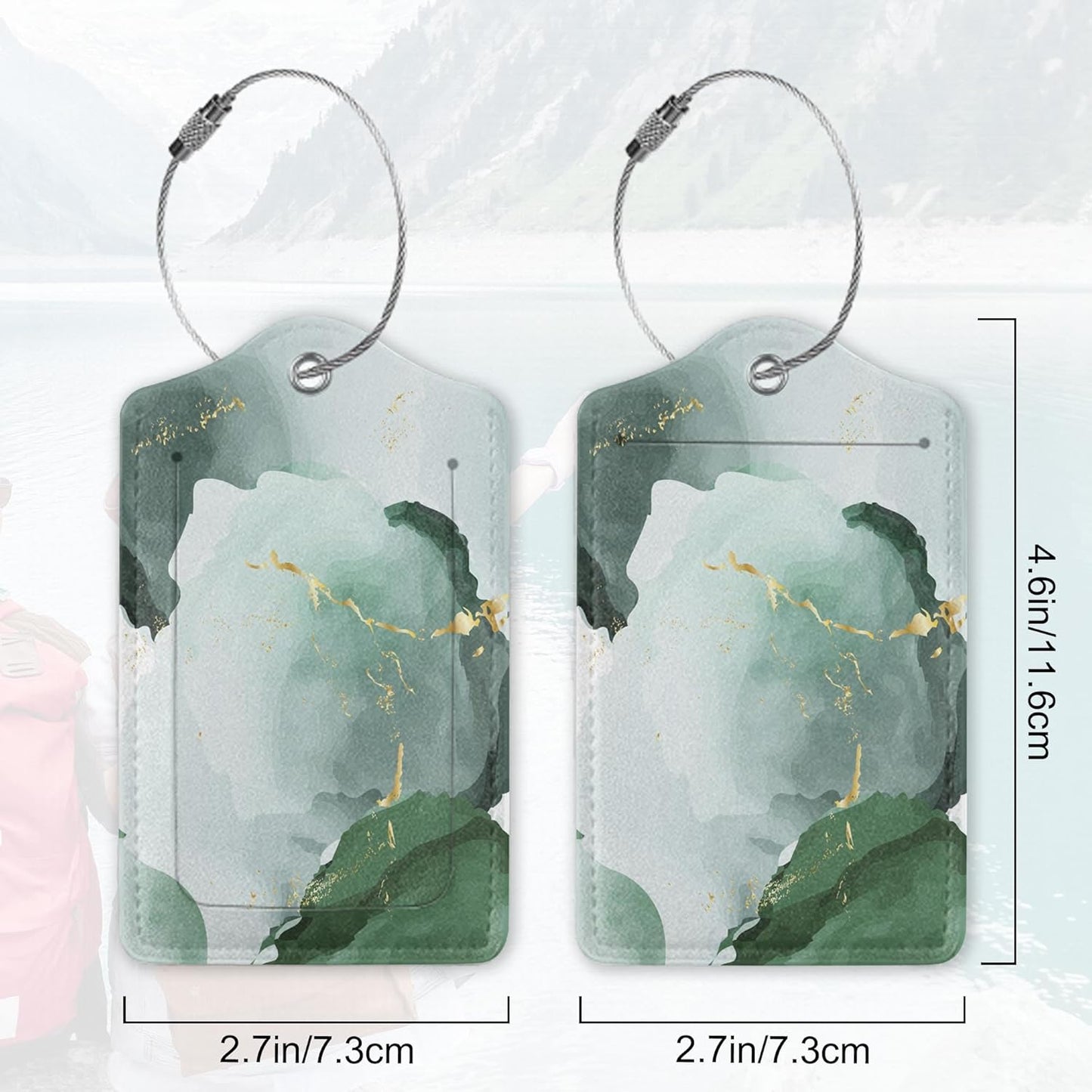 2Pcs Luggage Tag for Suitcase Green Ink Abstract Marble Cute Suitcase Tag with Privacy Flap & Name ID Label & Metal Loop,Travel Bag Luggage Tags for Women