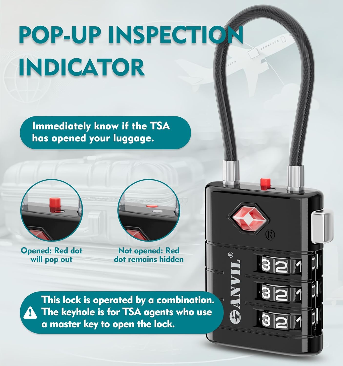 ANVIL TSA Approved Luggage Locks – High Security TSA008 Combination Travel Locks with Inspection Indicator for Suitcases and Backpacks. (1, Black)