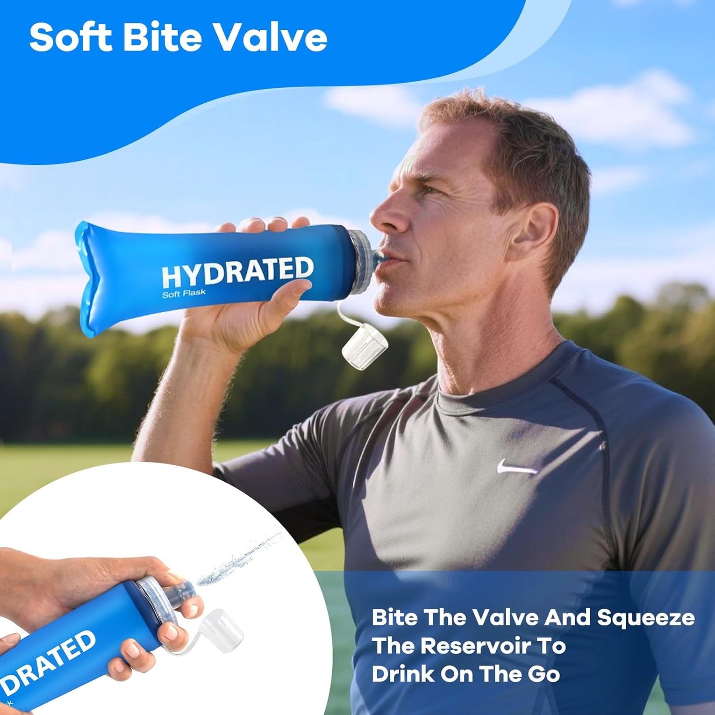 24oz Collapsible Soft Water Bottle, BPA-Free, Soft Flask with Bite Valve, for Climbing, Running, Hiking, Marathon (Bule & Grey, 2Pack)