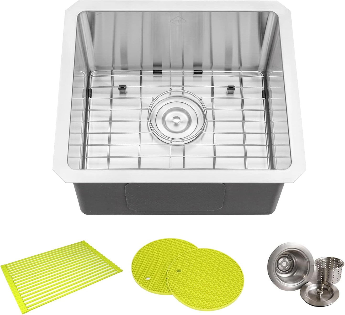 17 in. x 15 in. x 9 in. 16-Gauge Stainless Steel Undermount Single Bowl Bar Prep Kitchen Sink with Bottom Grid Set, Silicon Dishrack, Pot Mat and Strainer