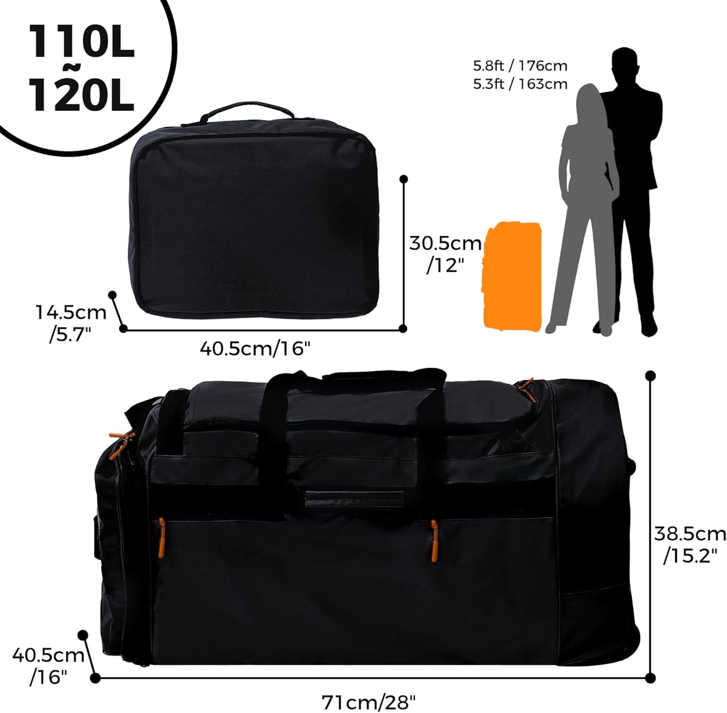 110L/120L Rolling Duffel Bag with Wheels - 28" No-Sag Design for Heavy Loads, Waterproof Travel Duffel w/Shoulder Straps and Dividers, Foldable Lightweight Design for Camping/Cargo/Air Travel