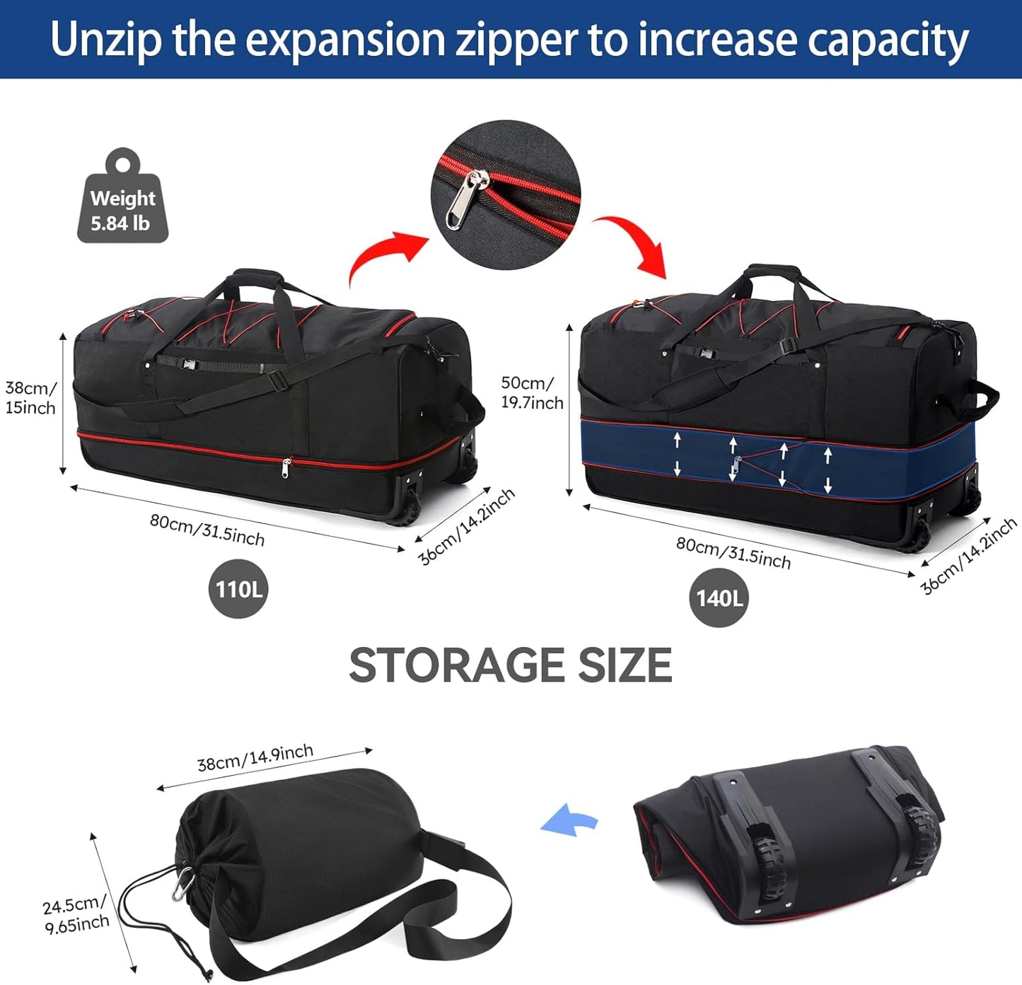 110L Expandable to 140L 32” Foldable Oxford Soft-Sided Rolling Duffle Bag with 2 Heavy-Duty Wheels,3 Large Compartments,Adjustable Shoulder Strap and Attached Organizer Pouch,Black Red