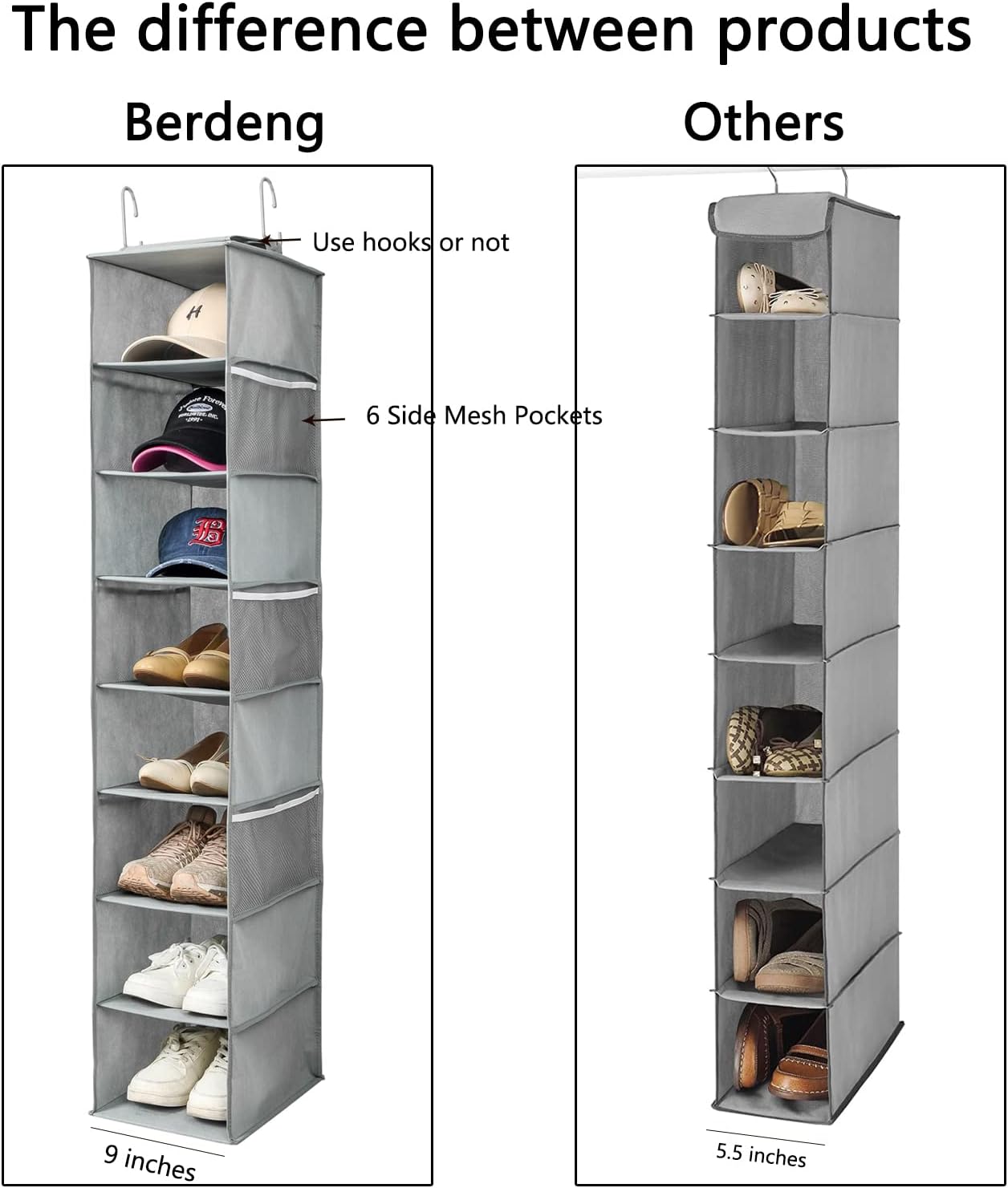 Hanging Shoe Organizer for Closet with Side Mesh Pockets，Hat Racks for Baseball Caps，Shoe and Hat Holder & Storage，8-Shelf，Gray，1 Pack