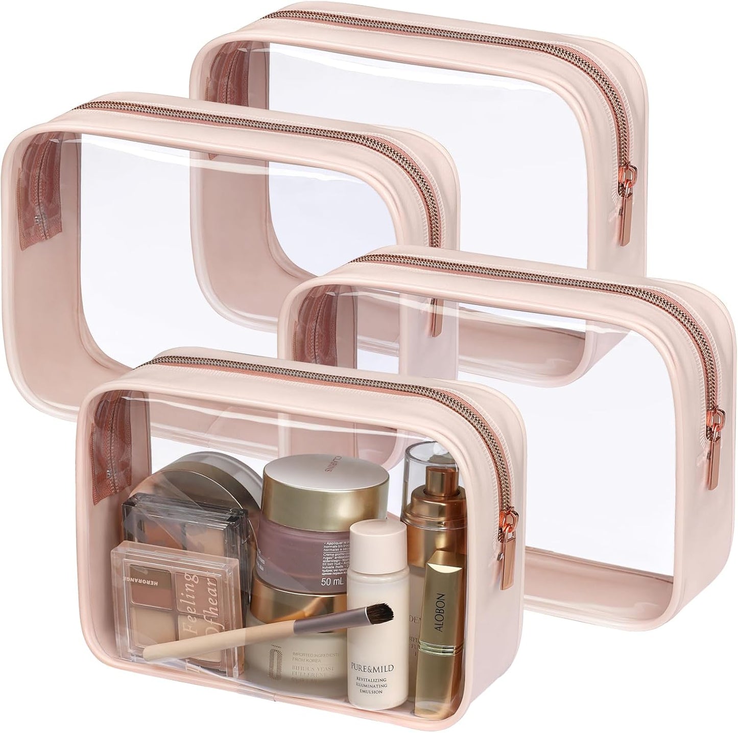 PACKISM TSA Approved Toiletry Bag - Clear Makeup Bag Waterproof Quart Size Bag, Travel Makeup Cosmetic Bag for Women, Carry on Airport Airline Compliant Bag, 4 Pack