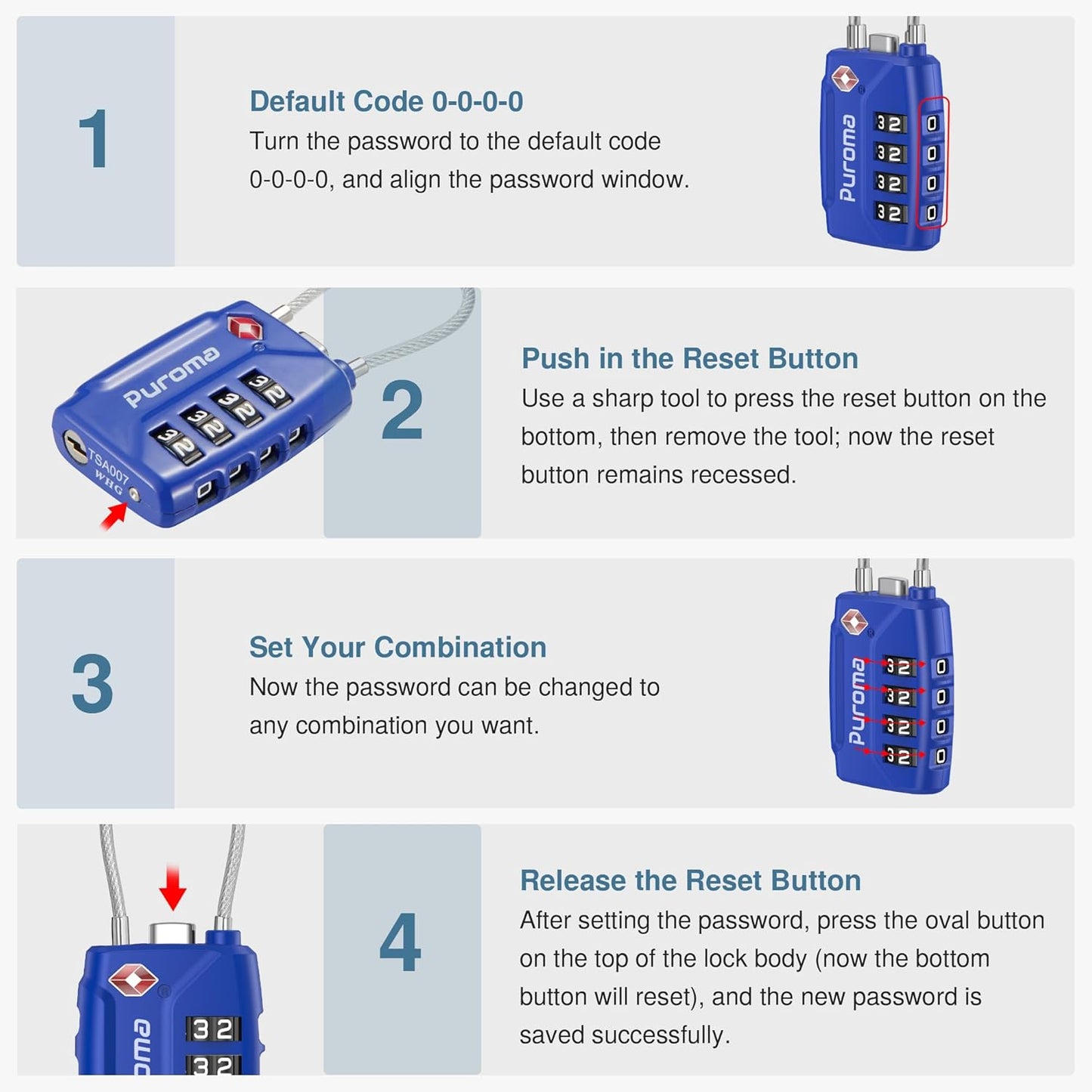 Puroma 2 Pack TSA Approved Luggage Locks, 4 Digit Combination Travel Locks Resettable Code Lock with Zinc Alloy Body for Suitcase, Toolbox, Backpack, Bag, Gym Locker (Blue)