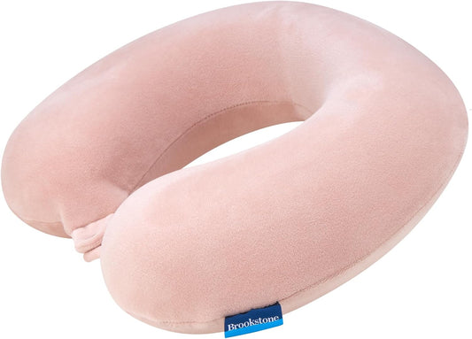 Brookstone Travel Neck Pillow - Lightweight Fleece Casing U-Shaped Stuffable Memory Foam Travel Pillow for Sleeping and Neck Support, Soft Pink