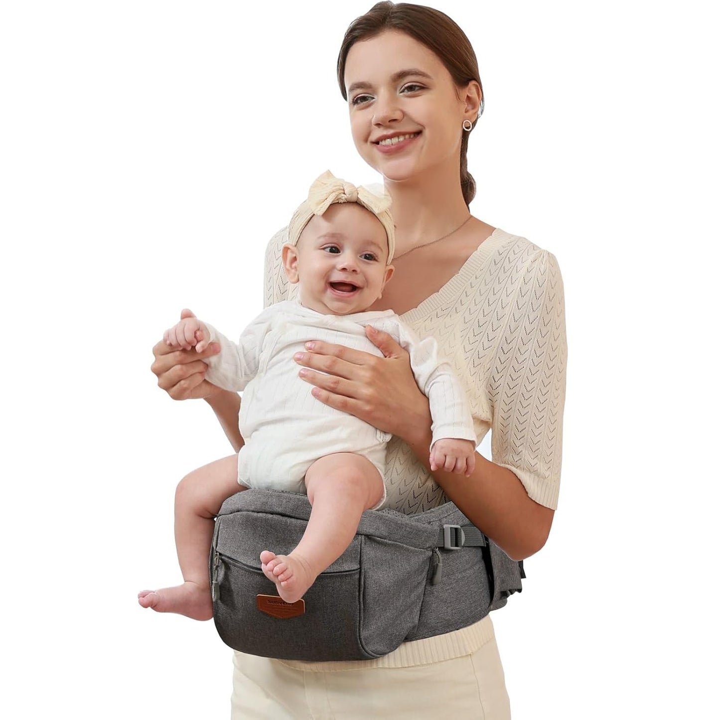 Sunveno Hip Baby Carrier with Seat,Ergonomic Baby Hip Carrier, Front-Facing Baby Holder, Anti-Slip Seat Surface, Wide and Adjustable Waistband, Multiple Pockets, Newborn to Toddler up to 45lbs, Grey