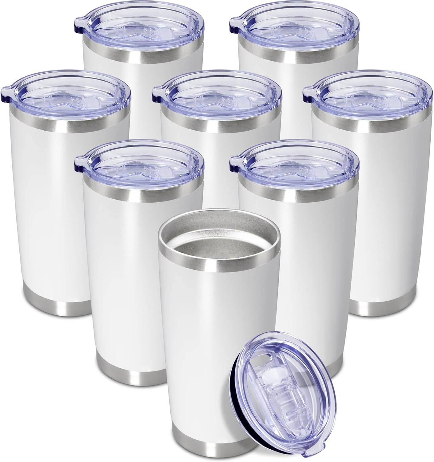 20 oz Tumbler Coffee Tavel Tumblers Bulk with Lid Stainless Steel Double Wall Vacuum Insulated Mug Powder Coated Cups fit Car Cupholder for Hot and Cold - White, 8Pack