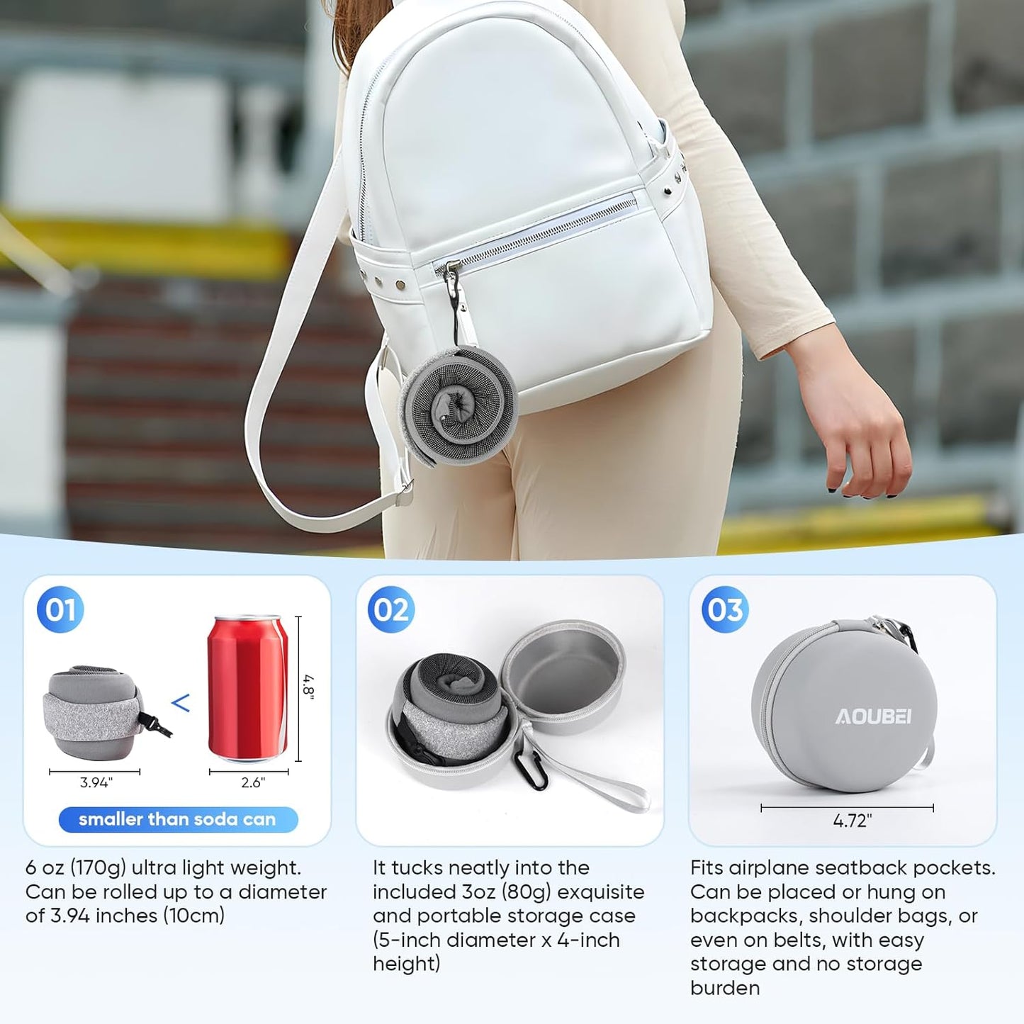 Compact Travel Pillow with Adjustable Straps & Washable Cover, Portable Neck Pillow Airplane with Case & Hook, Chin Support Pillow Relieves Pain & Pressure for Trips, Office, Car & Home Use