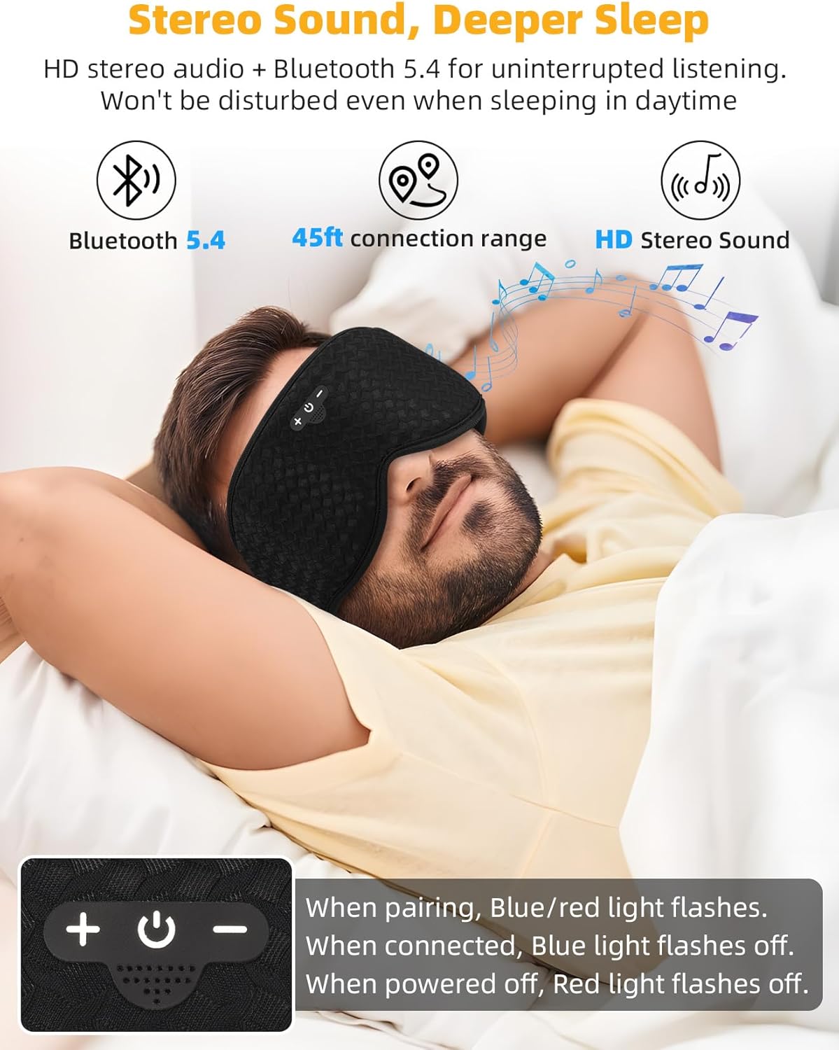 3D Contoured Sleep Mask with Bluetooth Headphones, Adjustable Blackout Sleeping Mask, Easy Installation Sleeping Headphones with Ultra-Thin Stereo Speakers for Men, Women - Embroidered Blue