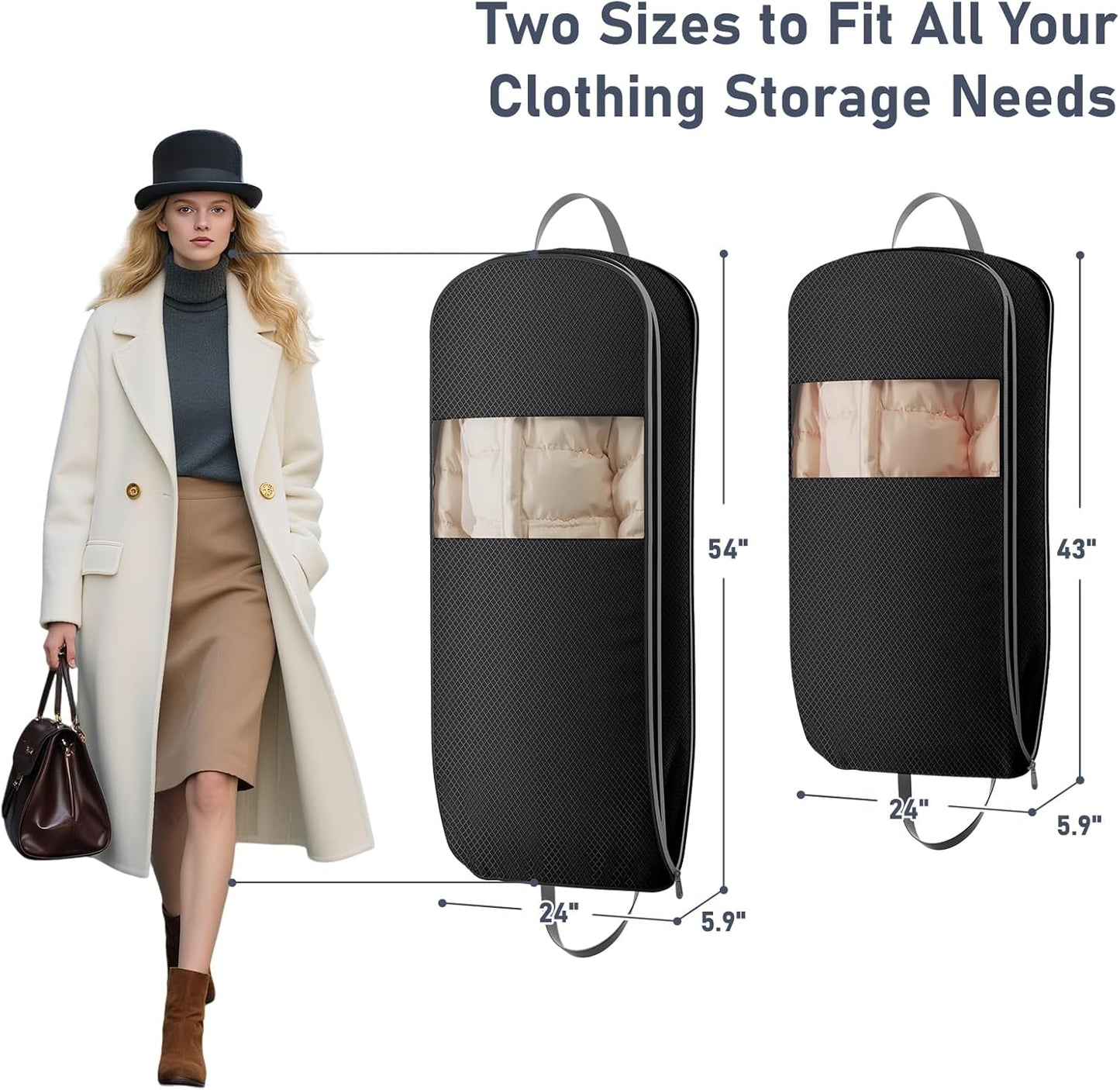 DIMJ 4 Pack 43" Space Saving Garment Bags for Hanging Clothes With Compression Zipper Carry Handles and Window, Washable Suit Bag for Dress, Clothes, Coats, Down Jacket, Closet, Moving, Travel