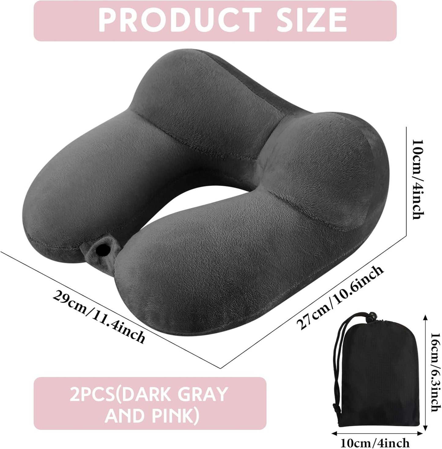 Sintuff 2 Pack Inflatable Travel Pillow for Airplanes Inflatable Neck Flight Pillows with Compact Bag and Blindfold for Traveling, Airplane, Train, Car, Office(Dark Gray and Light Pink)