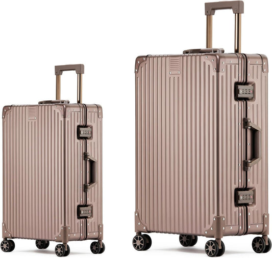 Metal All Aluminum Carry-on Luggage TSA Customs Lock Zipperless Silent Rotary Wheel Business Suitcase Aluminum Frame Set (titanium gold, 2Piece(20/26))