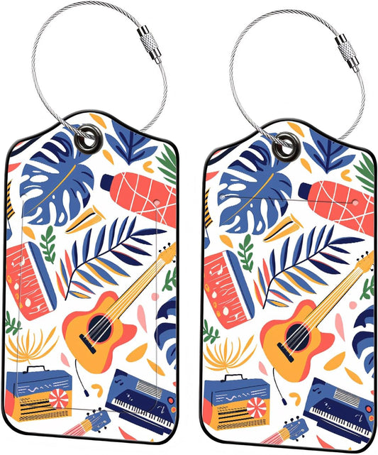 Luggage Tags for Suitcases, 2-Pack PU Leather for Cruise & Travel, Baggage ID Tags with Privacy Cover & Address Card, Durable Metal Ring, Kids Adults Travel Accessories, Tropical Rhythms