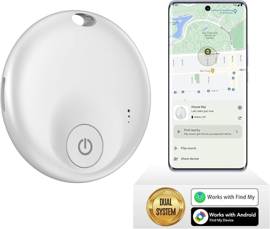 FindTag Duo - Dual System Tracker for iOS or Android, Bluetooth Tracking Tag/Key Finder/Luggage Tracker/Item Locator, Compatible with iOS Find My or Google Find Hub App (White)