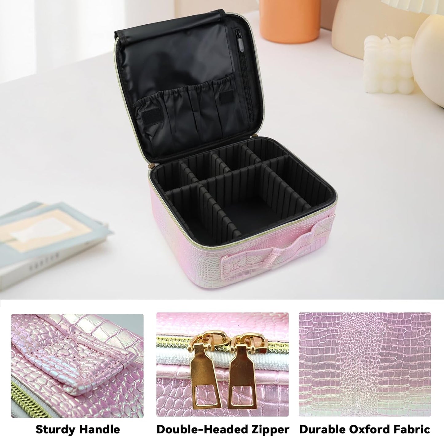 Travel Makeup Bag Makeup Cosmetic Train Case Organizer Portable Storage Bag with Adjustable Dividers for Cosmetics Makeup Brushes Toiletry Jewelry Colored Crocodile Pattern