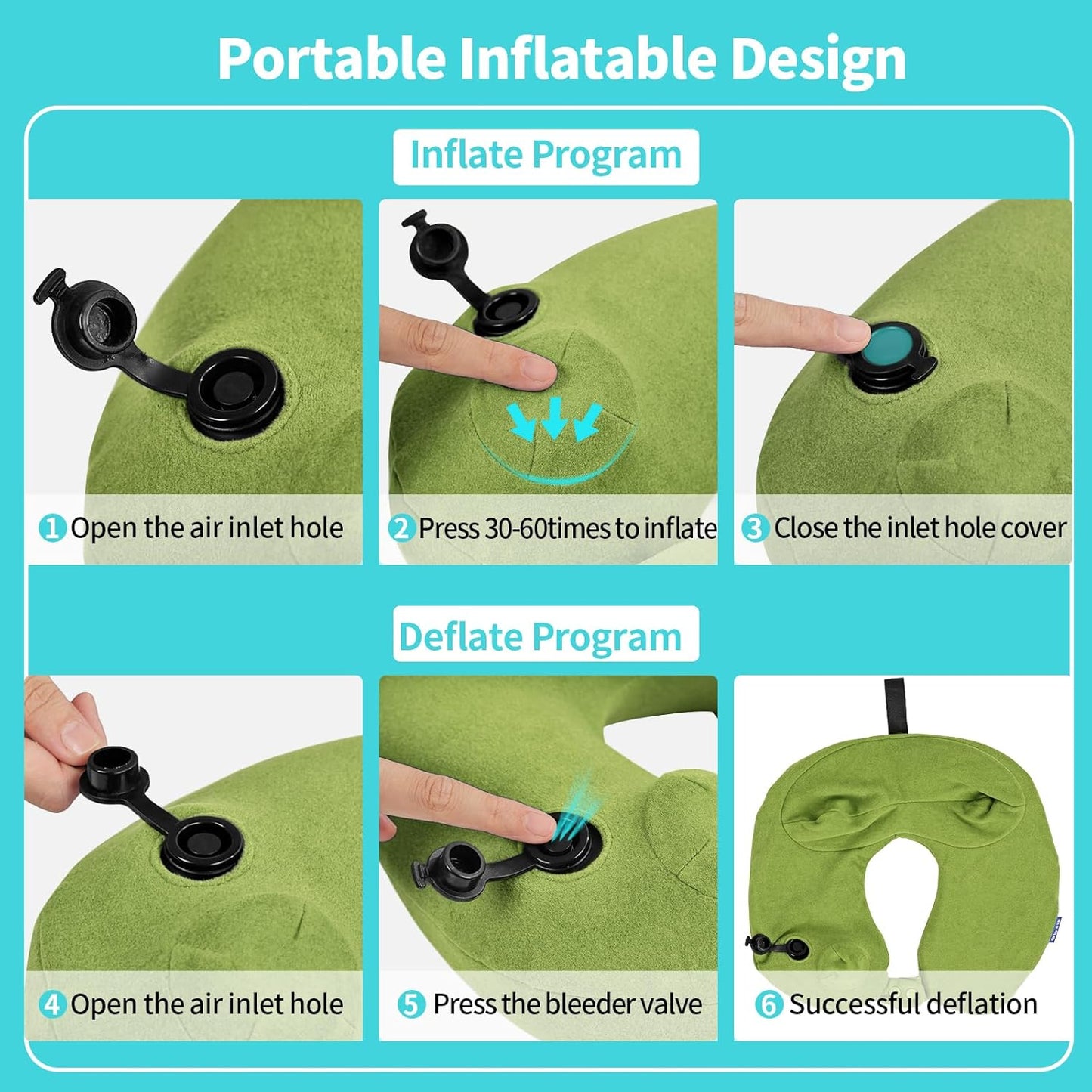 2 Pack Inflatable Travel Neck Pillows for Airplanes, Head Support Velvet Adult Neck Pillows for Long Flight, Kit with Eye Mask, Earplugs and Storage Bag, 2, Green