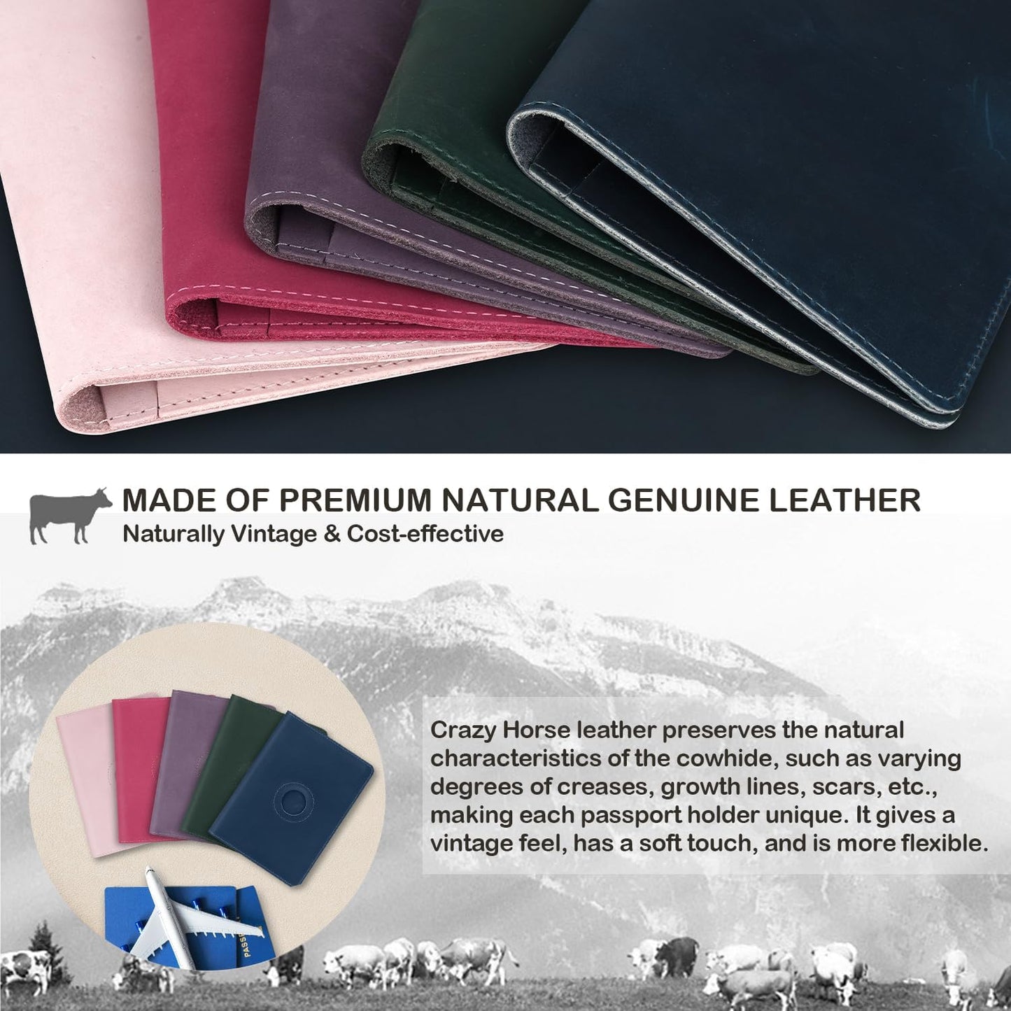 Airtag Passport Holder for Women Men Travel, Real Leather Passport Wallet, Handmade Passport Cover Case with Airtag Slot, Travel Must Haves Essentials Accessories Birthday Gifts(Crazy Horse, Rose Red)