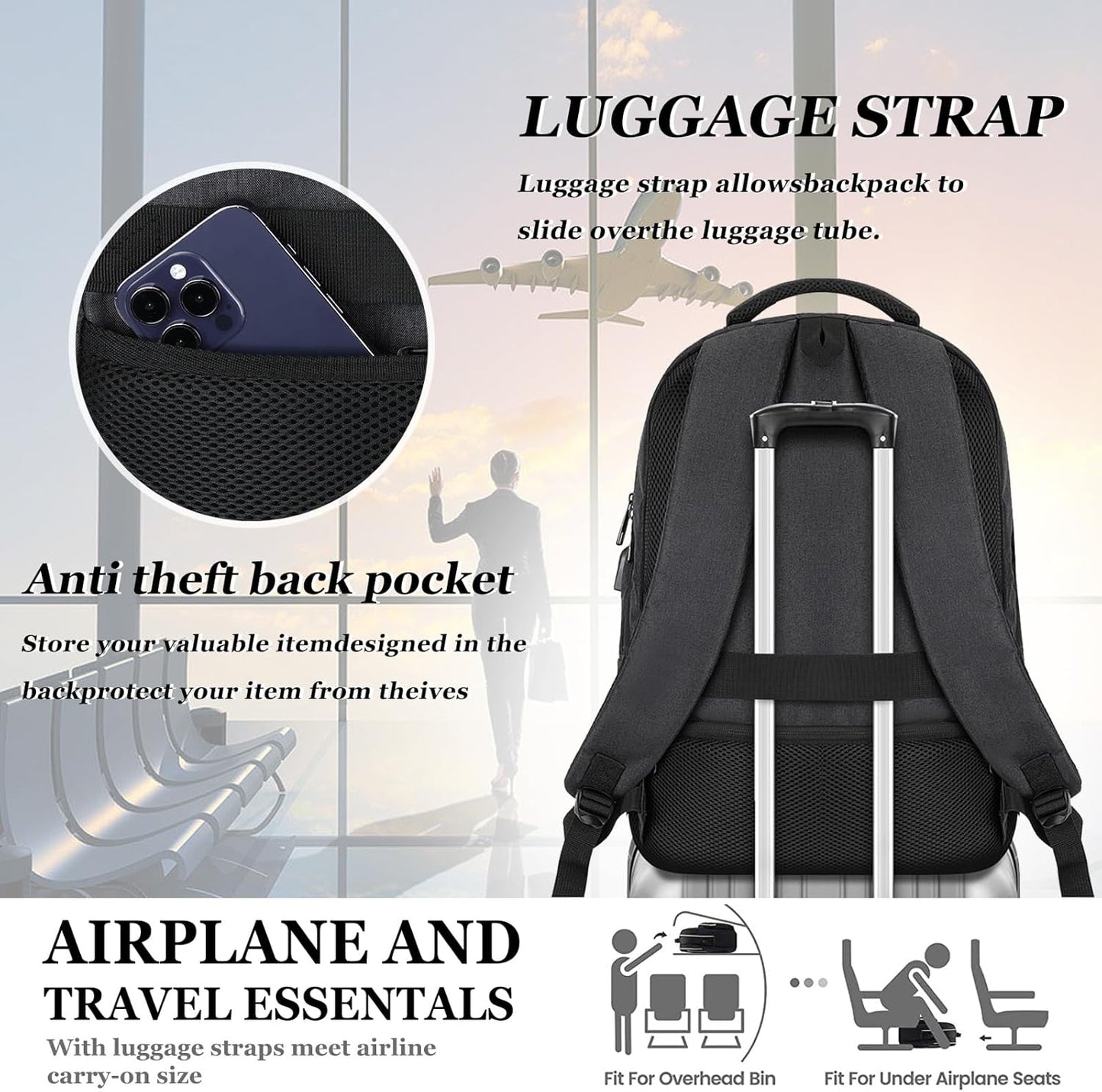 17.3 Inch Laptop Backpack, School Backpacks for teen boys, College High School Backpack. Travel Backpacks with usb Charging Port for Women Men. Anti-theft Waterproof Work Bookbags, Black