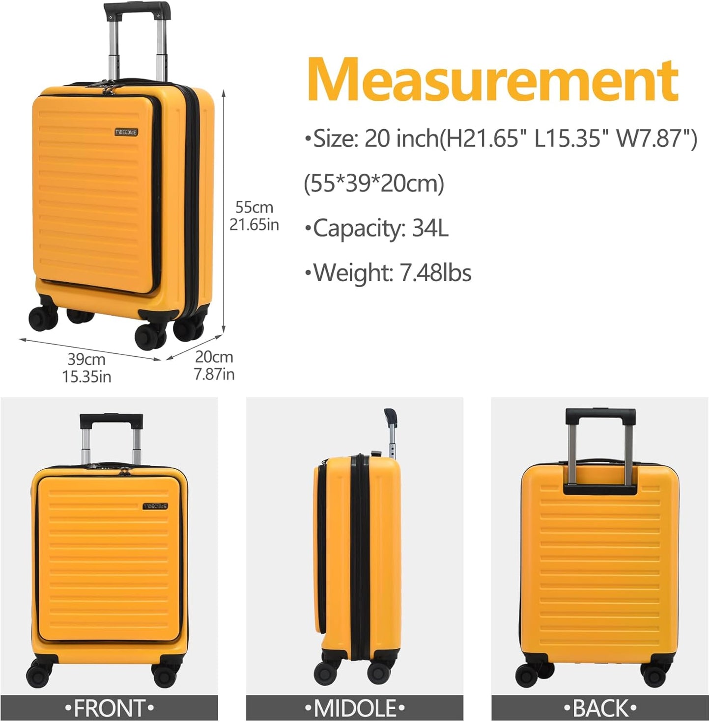 TydeCkare 20 Inch Carry On Luggage with Front Pocket, 21.65 * 15.35 * 7.87" Suitable for Airplane Overhead Bin, 34L PC+ABS Hardshell, Orange
