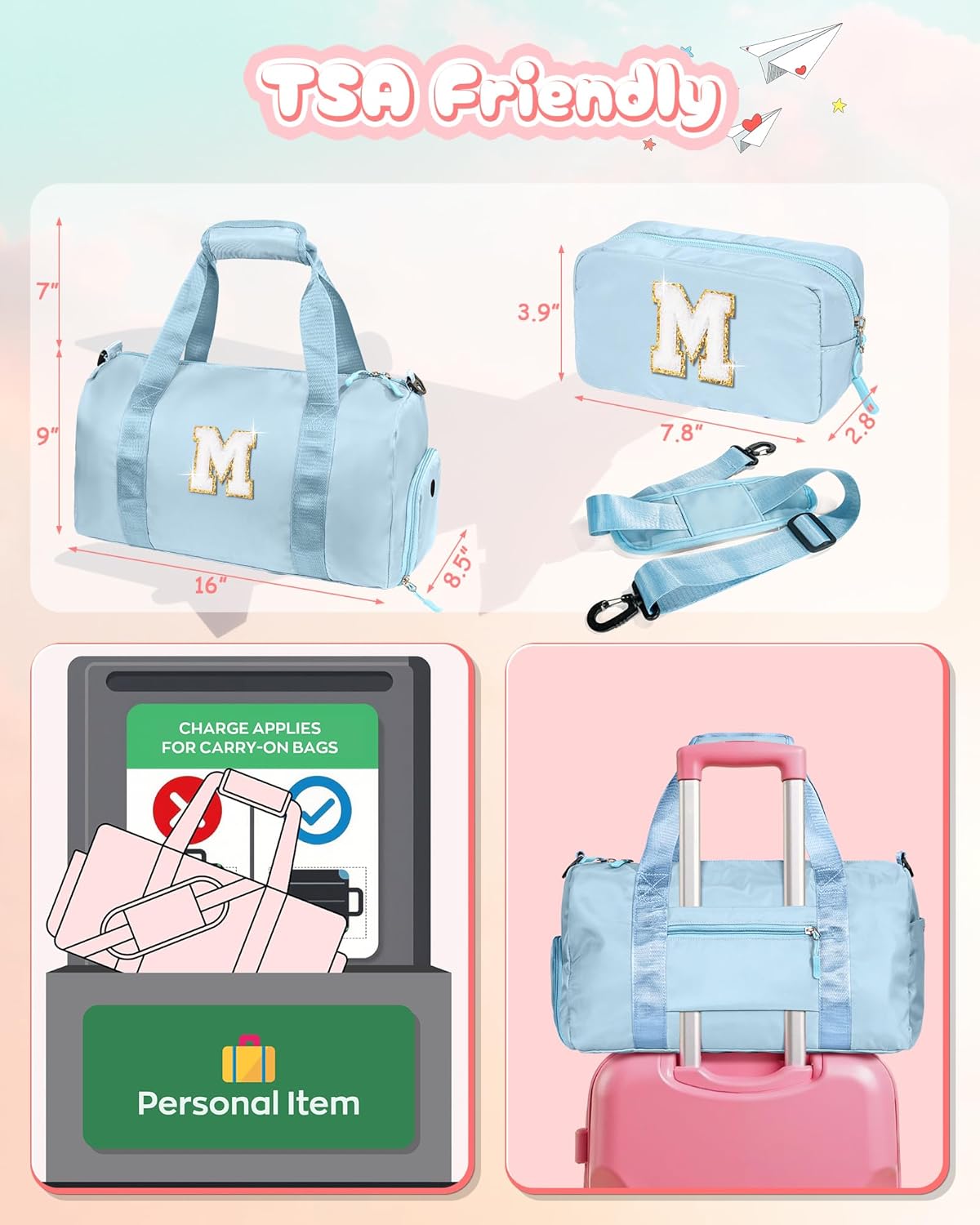 Easter Basket Stuffers Gifts for Kids-Girl Gym Bag with Shoe Compartment, Kid Personalized Weekender Overnight Bags, Initial Travel Tote with Makeup Pouch, Valentines Day Gift (Letter P)