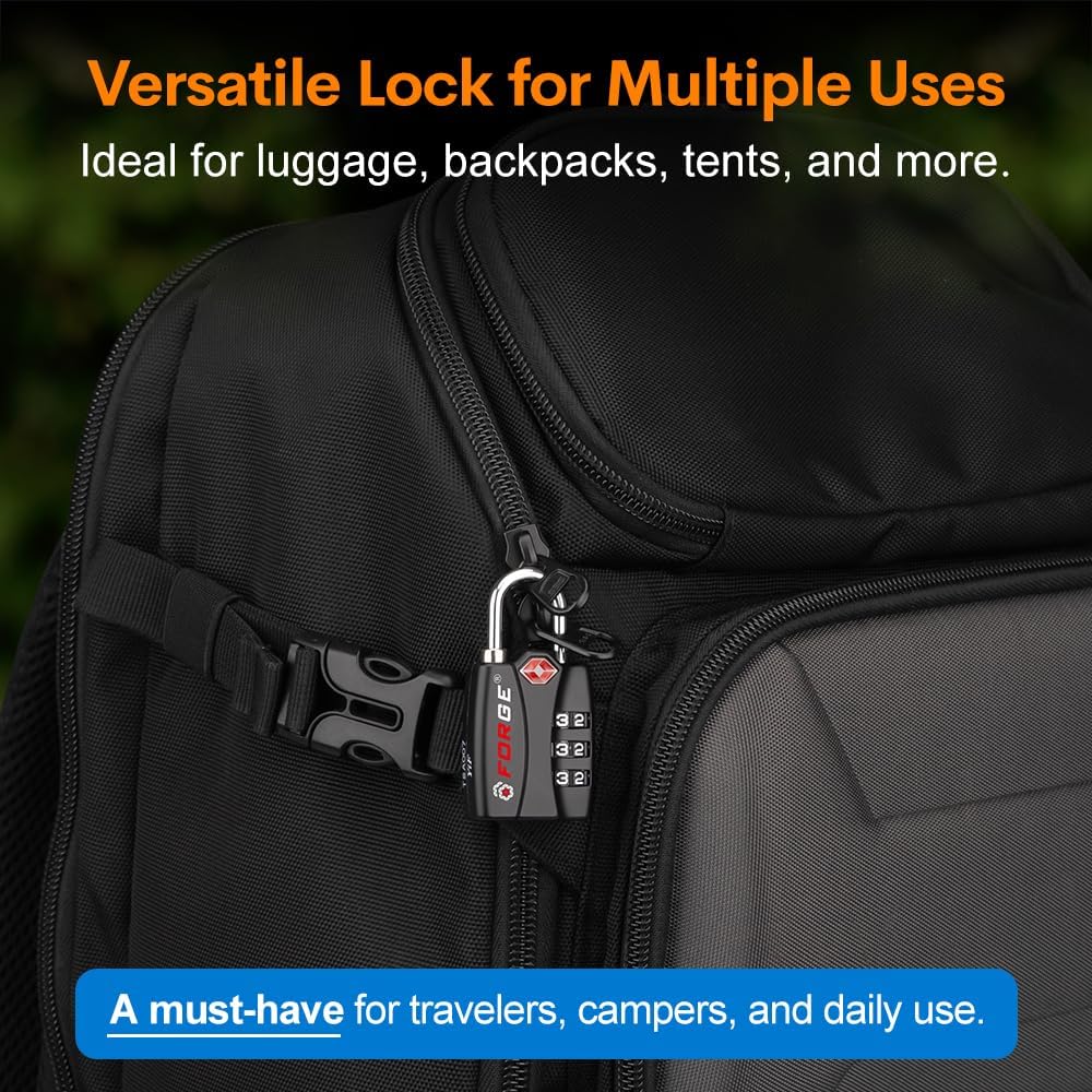 Forge TSA Approved Luggage Locks for School, Gym, Suitcase, Baggage, and Locker. Open Alert Indicator, Easy Read Dials, Alloy Body. Matte Black, 2-Pack.