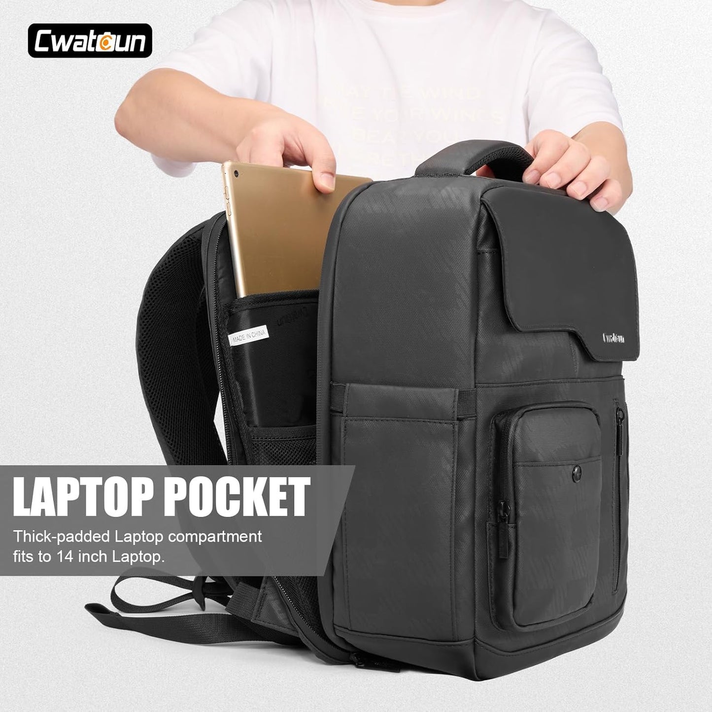 Cwatcun Waterproof Camera Backpack PU Leather Camera Bag with Tripod Holder, 14" Laptop Compartment for Canon Sony Nikon SLR DSLR Mirrorless Camera, Lens, Travel Photography Camera Bag Case