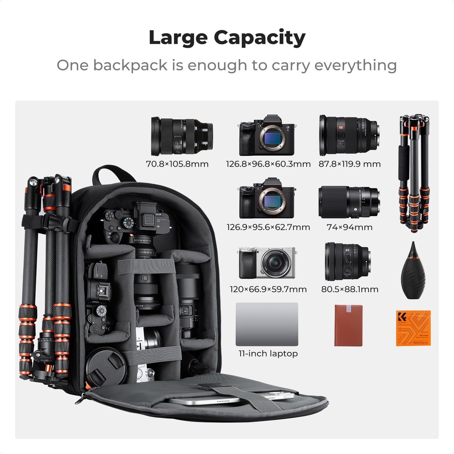 K&F CONCEPT Lightweight Camera Backpack Bag, Professional Photography Bag Compatible with Canon/Nikon/Sony Camera and Lens Accessories, Camera Case with Tripod Strap & Rain Cover