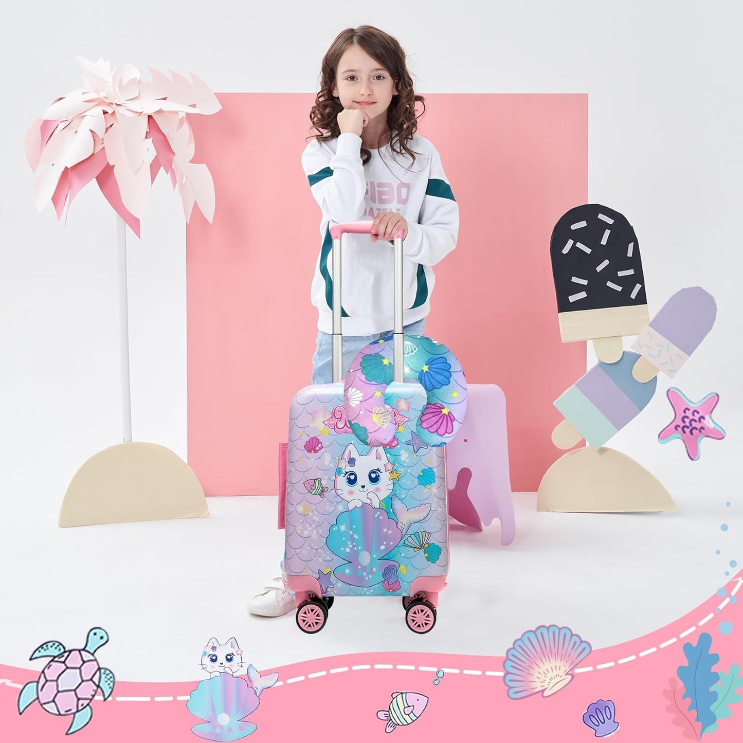 Cute Cat Kid’s Luggage Set 2 Piece Suitcase Set 16" Hardside Luggage with Spinner Wheels Girls Carry on Toddler Travel Rolling Luggage Airline Approved