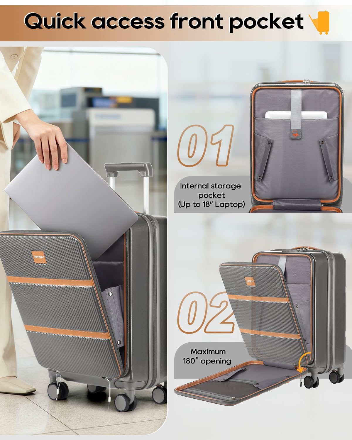 Joyway Carry on Luggage Airline Approved with Front Pocket, Hard Shell 20 Inch Travel Luggages with Cup Holder, Carry-on Suitcase with Spinner Wheels for Men and Women (Grey, 20 Inch)