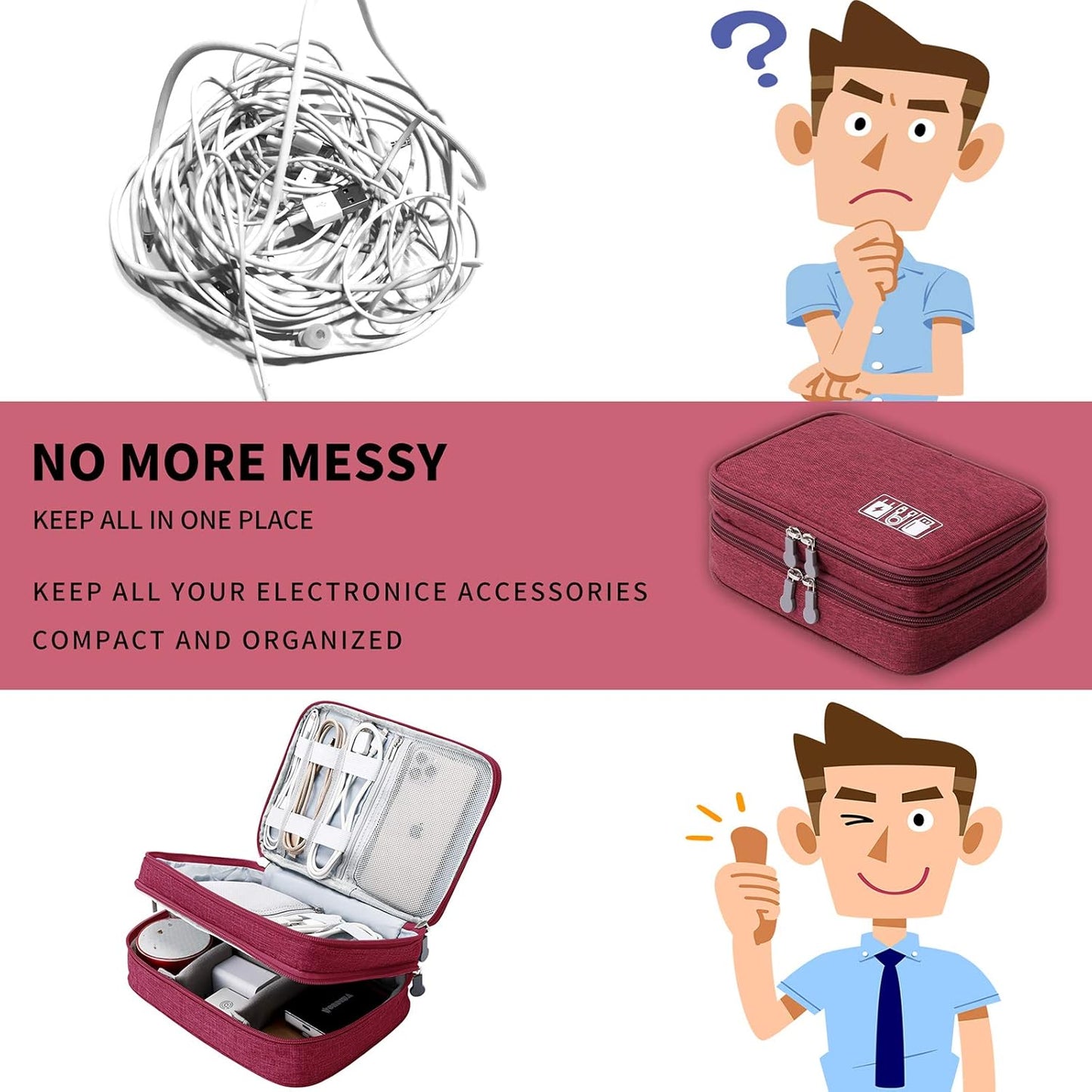 mygreen Travel Cable Organizer Bag, Two-Layer Electronics Accessories Organizer Bag for Cables, Chargers, Power Bank, Mouse,iPad, Phone, Kindle, SD Card, Wires, Cords, and Accessories Red