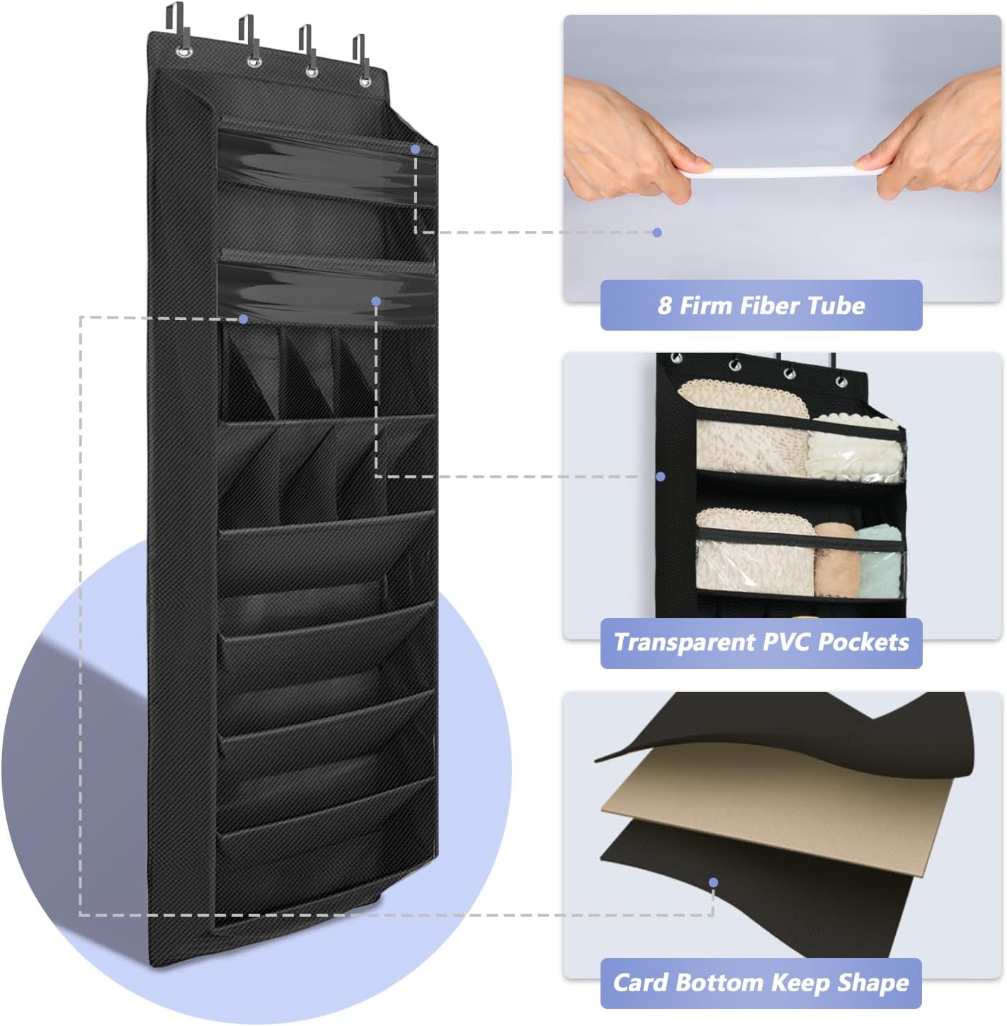 FENTEC 1 Pack 8 Shelves Over The Door Shoe Organizer, 68" Exlarge Deep Pockets Hanging Shoe Organizer, Shoe Rack for Closet, Shoe Holder for Boots,Over Door Organizer in Home, RV, Dorm, Black