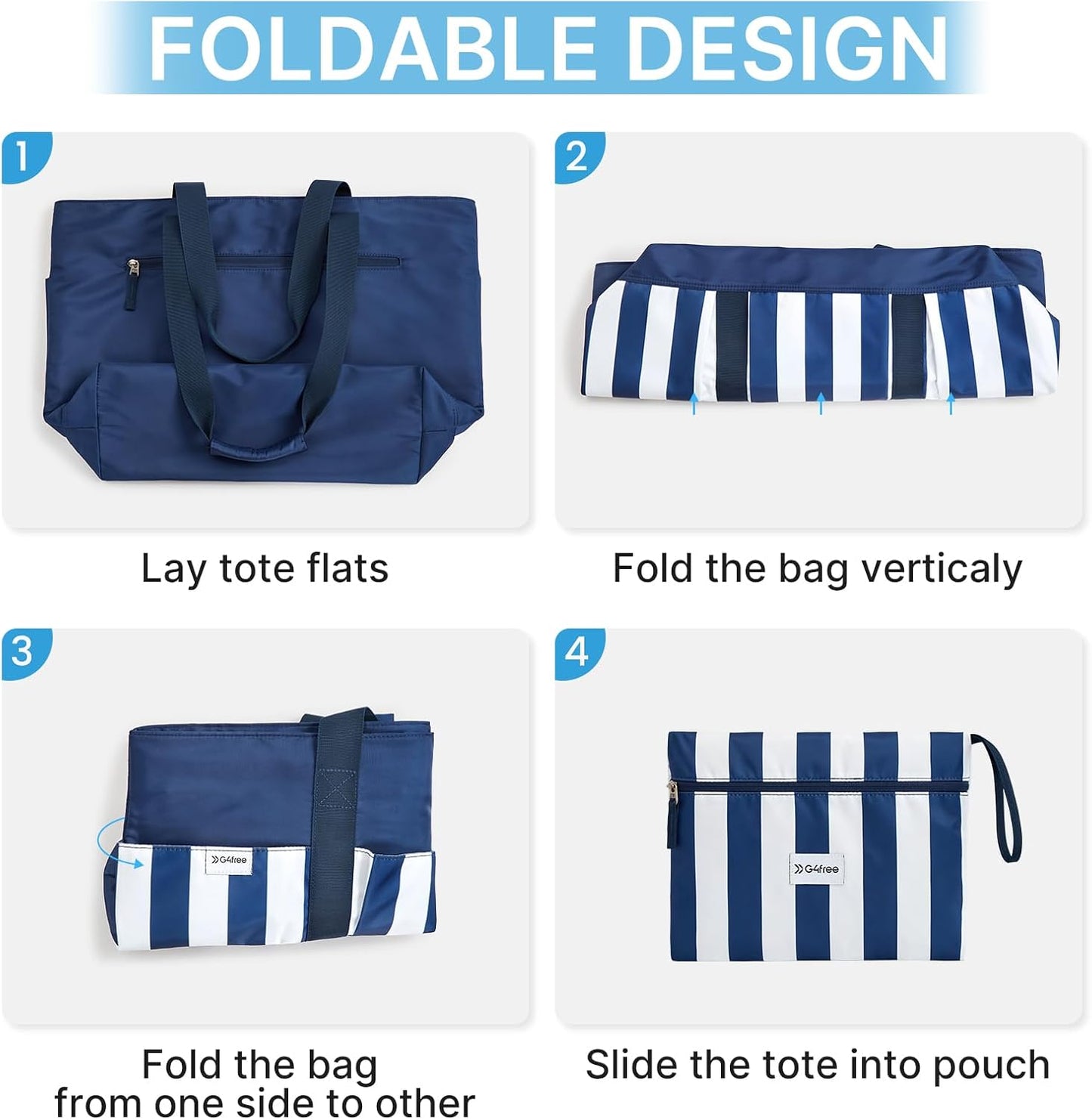 G4Free Beach Bag,Waterproof Beach Tote Pool Bags for Women,Compatible with Stanley Cup,Foldablefor Weekender Travel