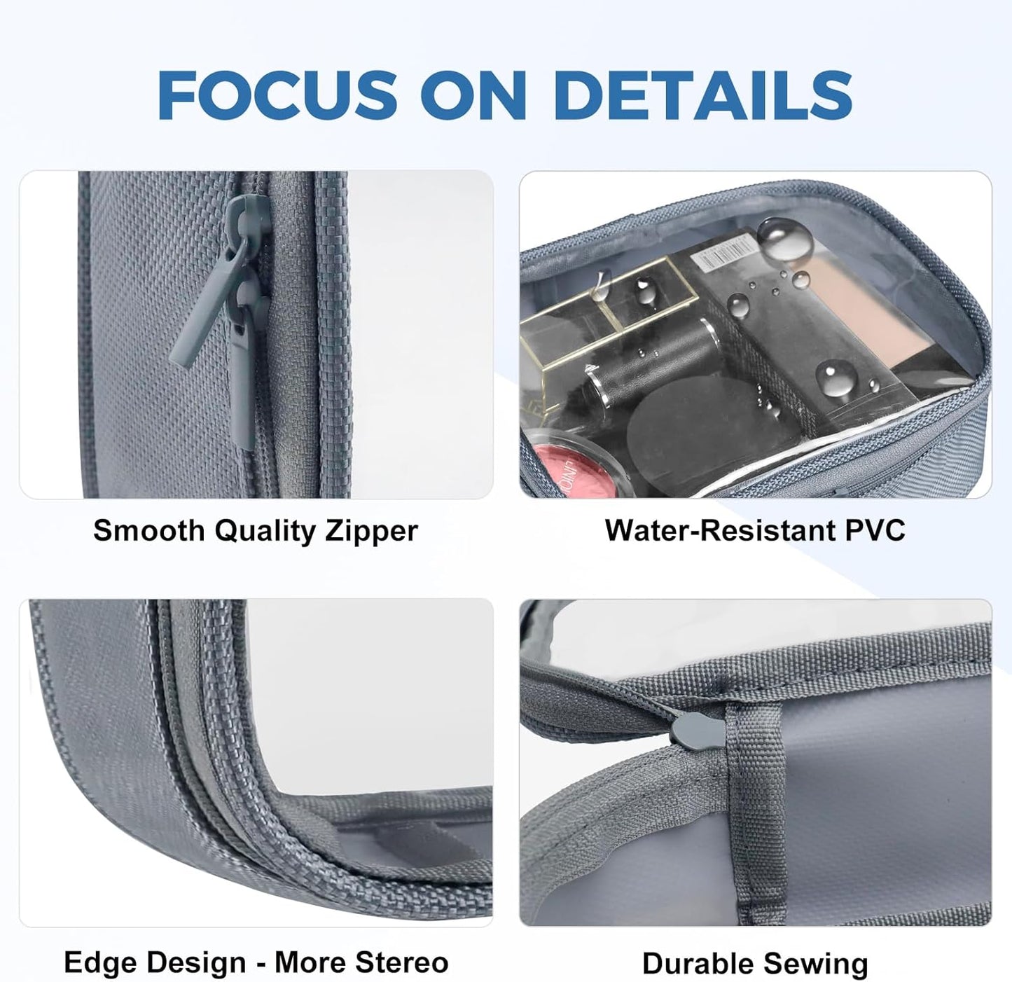 Moyad TSA Approved Clear Toiletry Bag, 3 Pack Quart Size 3-1-1 Liquids Pouch for Travel, Transparent Makeup & Cosmetic Organizer for Women Men, Grey