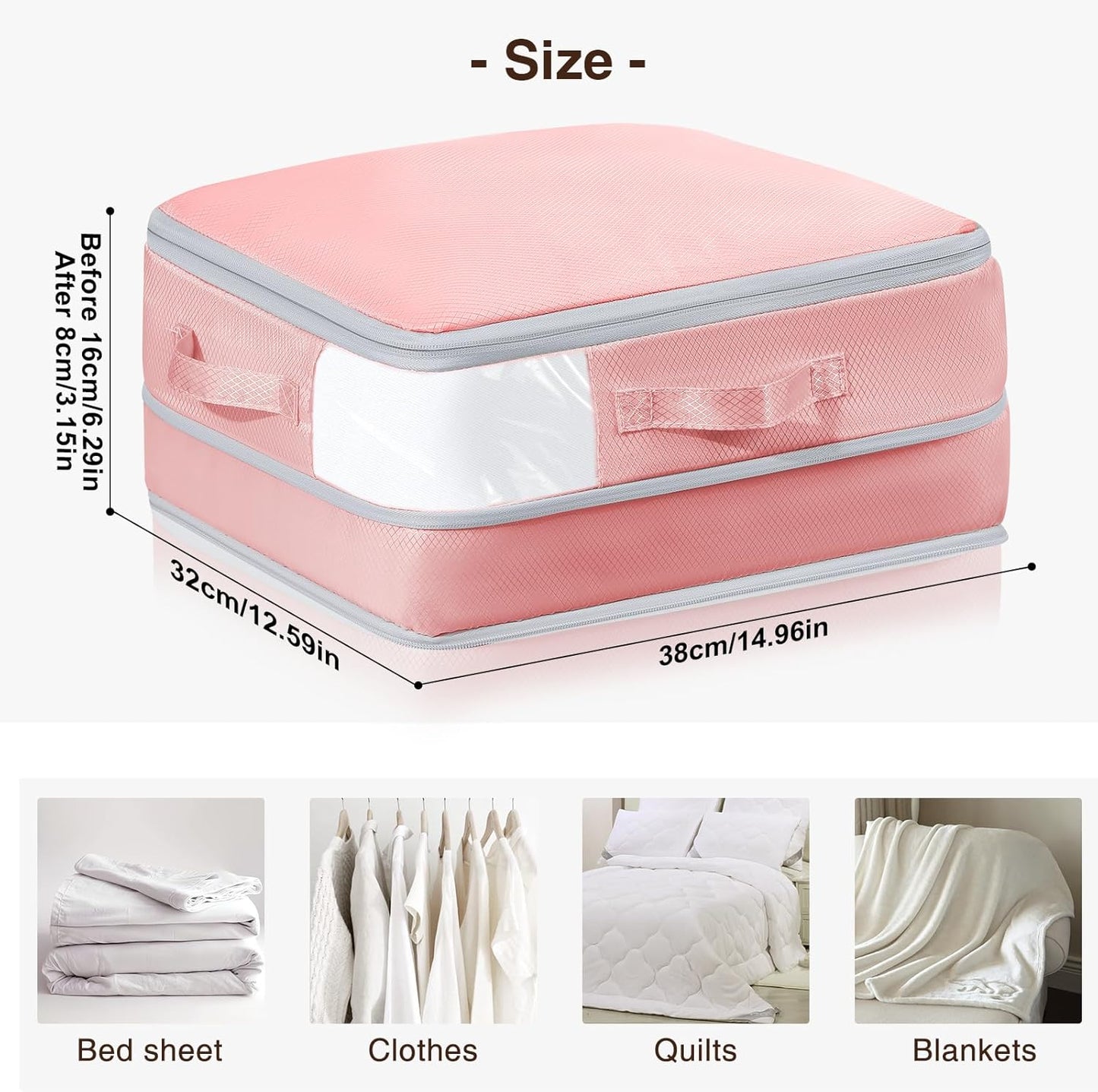 DIMJ Clothes Storage Bag 8 Pack, 19L Compression Storage Bags for Blanket, Sweater, Jacket, Closet, Sheet Storage Organizer with Window Handle, Space Saver Storage Bags with Zipper, Pink