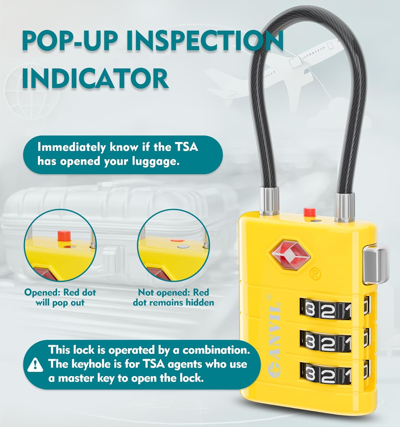 ANVIL TSA Approved Luggage Locks – High Security TSA008 Combination Travel Locks with Inspection Indicator for Suitcases and Backpacks. (4, Yellow)