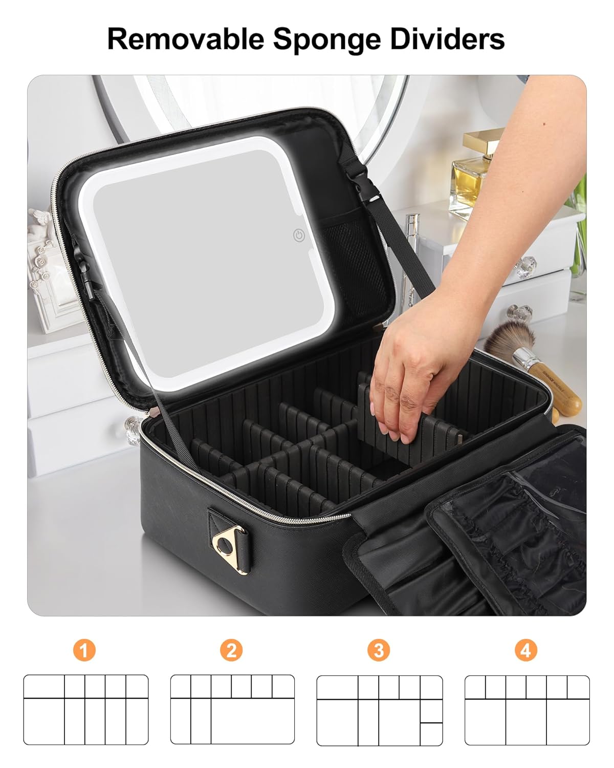 Relavel Makeup Train Case With LED Mirror, Professional Travel Cosmetic Bag with Removable Partitions,Compact Makeup Organizer, Waterproof Toiletry Case for Women, Black