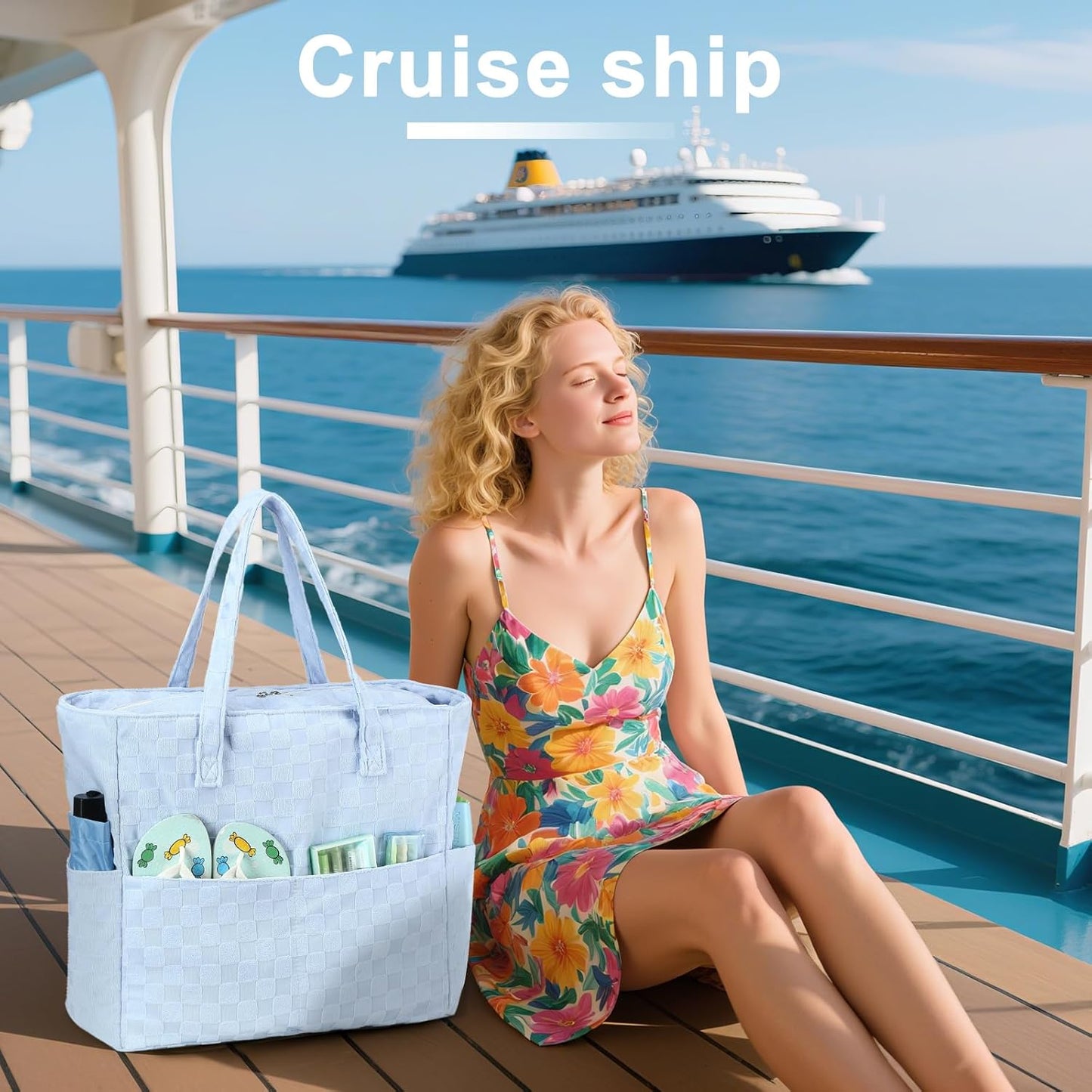 LEDAOU Large Beach Tote Bag Women Waterproof Sandproof Zipper Beach Tote Bag for Pool Gym Grocery Travel with Wet Pocket