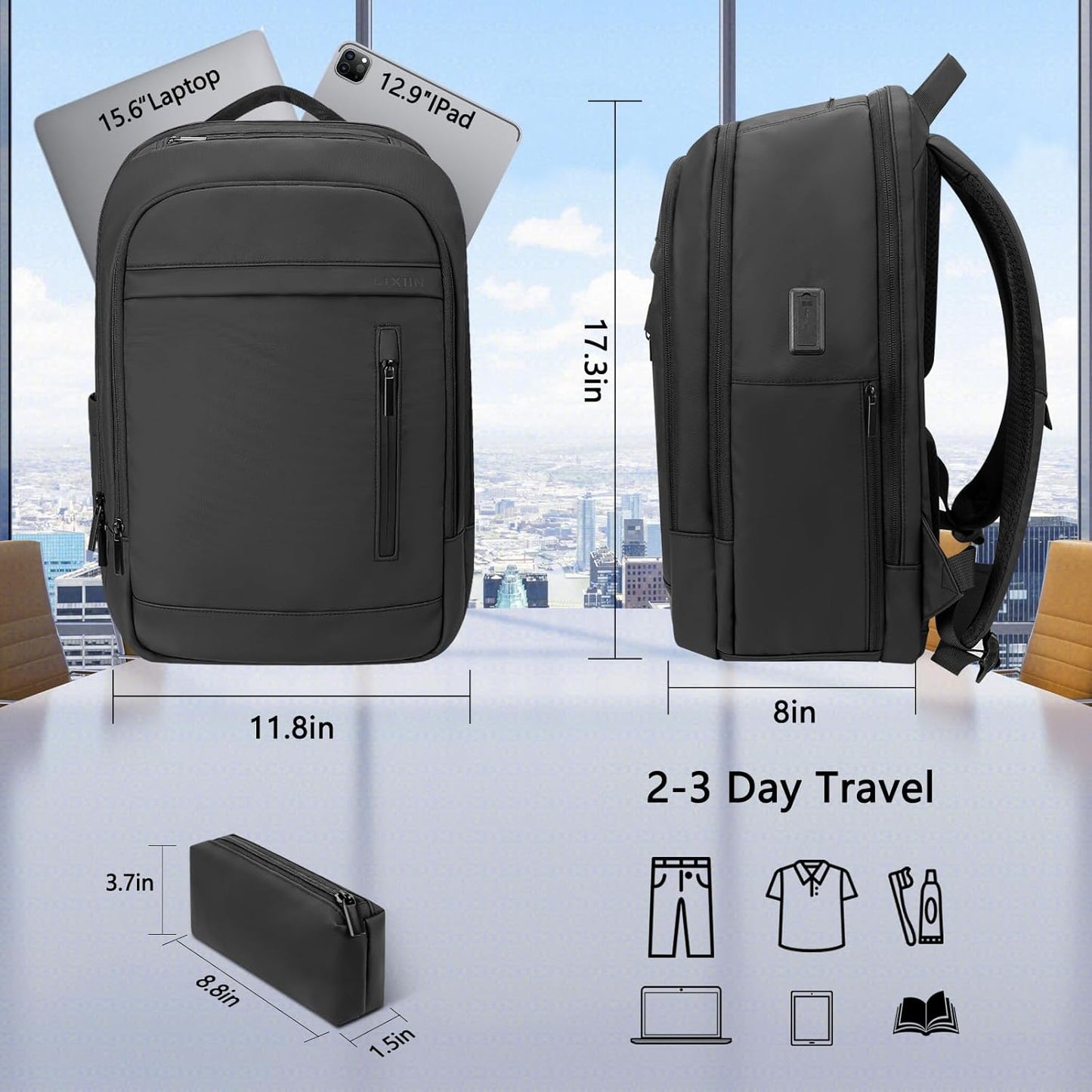 Laptop Backpack for Men Business Travel Laptop Backpack with USB Charger Lightweight Anti-Theft Water-Resistant Fits 15.6 Inch Laptop for Travel Daily Work Office College with Small Bag-Black